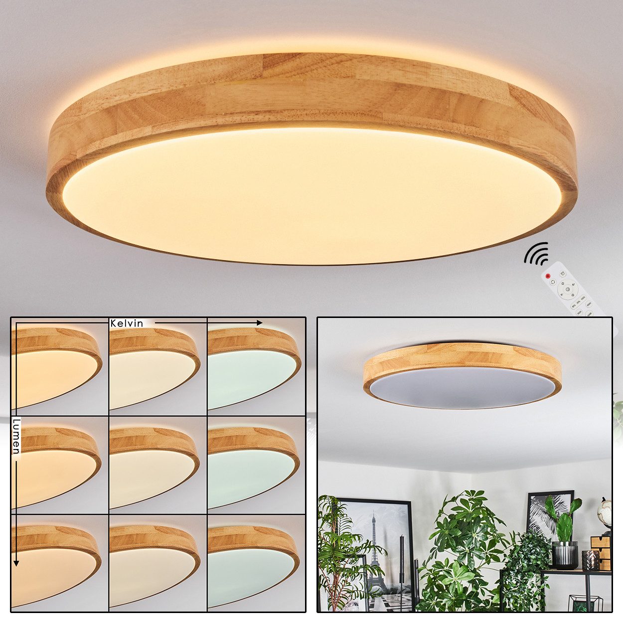 hofstein Deckenleuchte Deckenpanel aus Metall/Kunststoff/Bambus in Weiß/Natur, LED wechselbar, 3000-6500 Kelvin