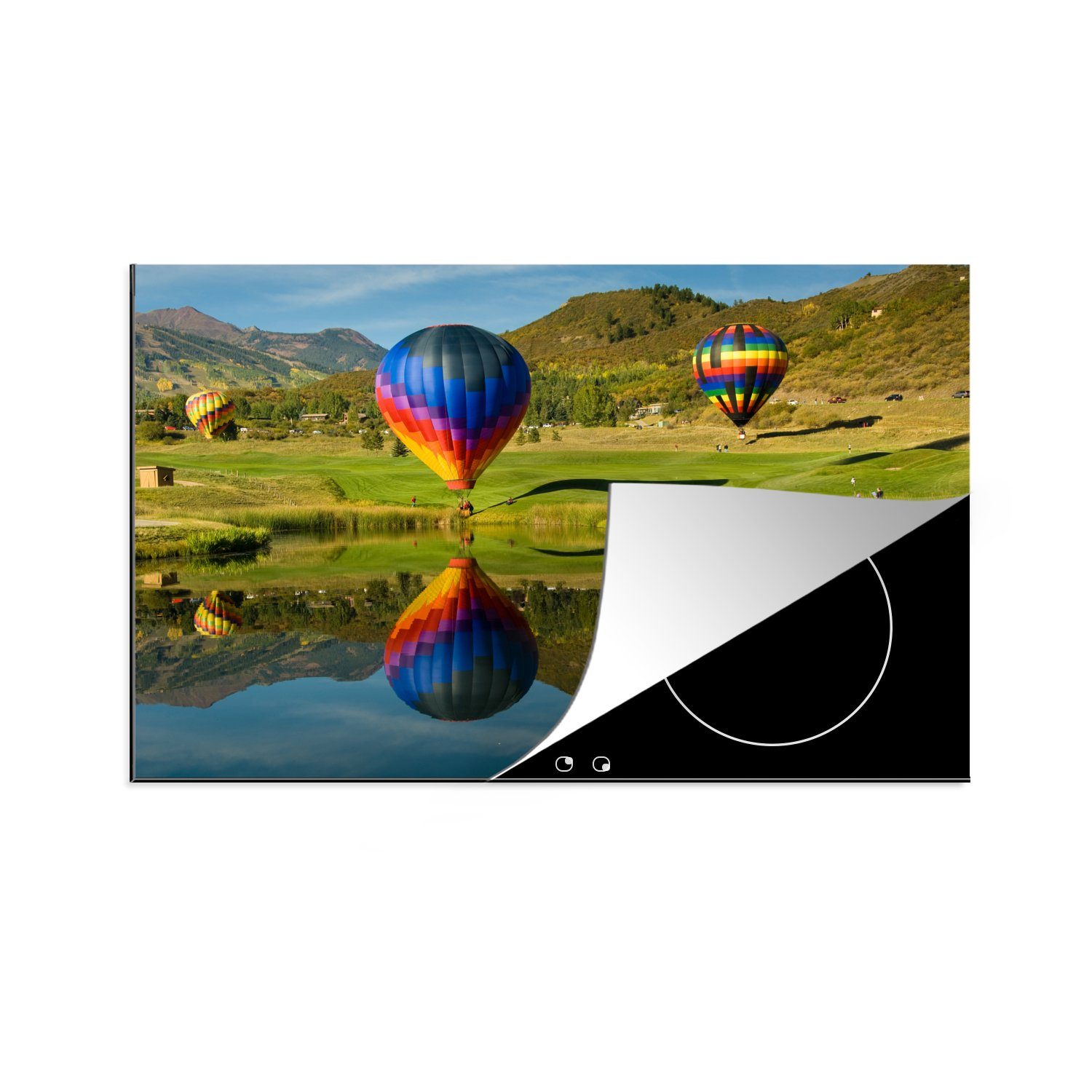 MuchoWow Herdblende-/Abdeckplatte Ballons über einem See in Aspen, Vinyl, (1 tlg), 81x52 cm, Induktionskochfeld Schutz für die küche, Ceranfeldabdeckung
