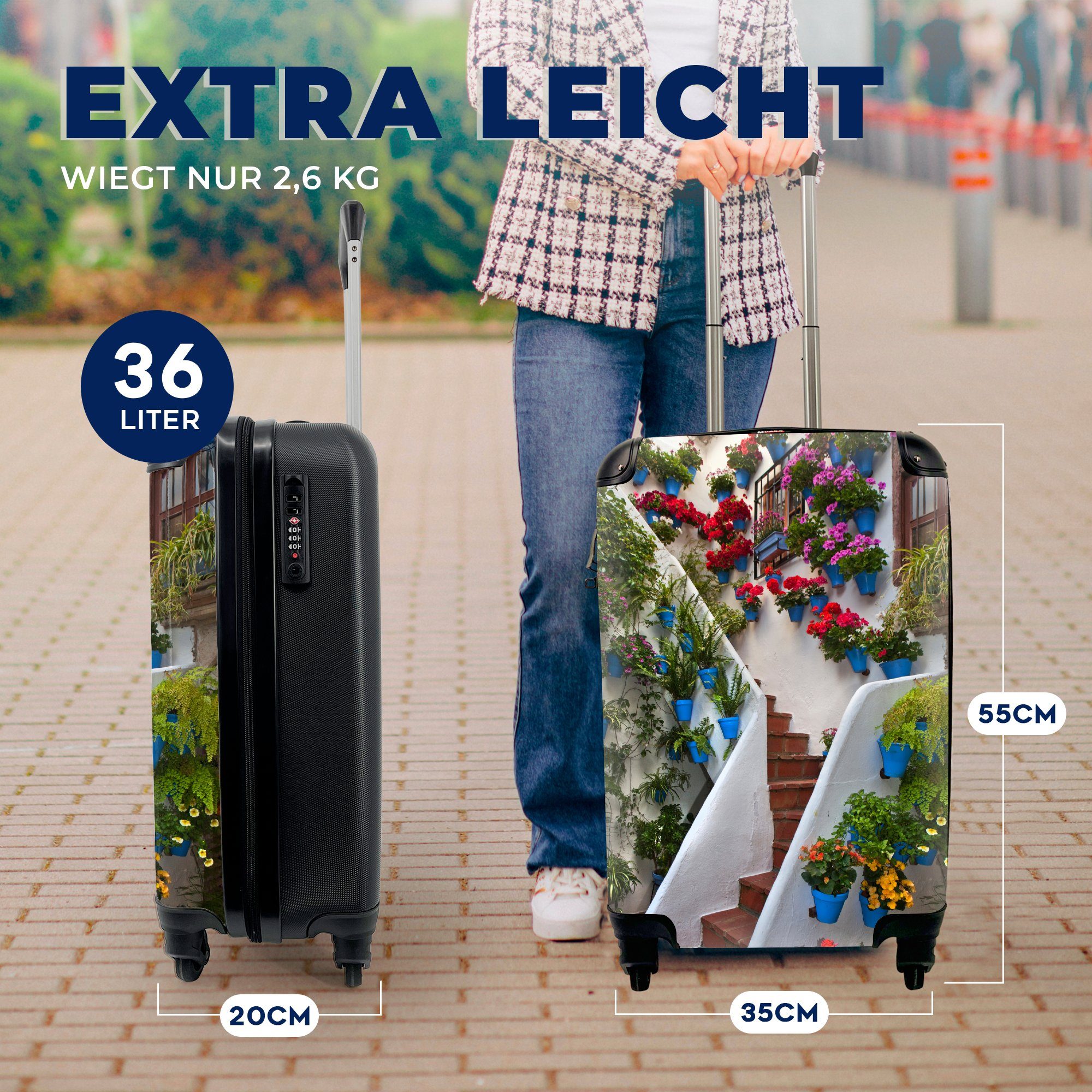 4 Handgepäckkoffer für MuchoWow Rollen, Handgepäck mit rollen, Blumen Cordoba, in Reisetasche Mit Ferien, Spanien, Treppe Reisekoffer Trolley, geschmückte