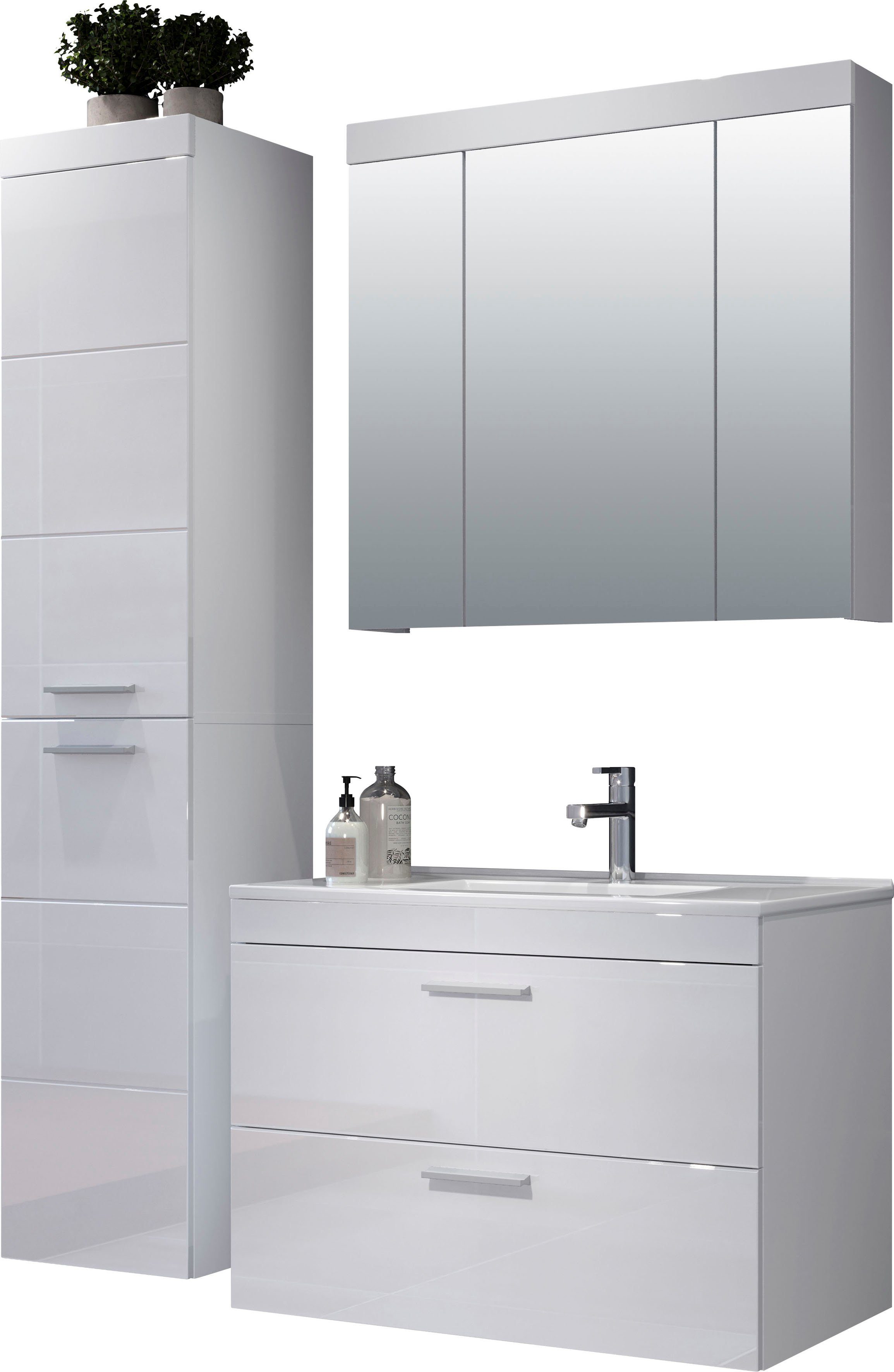 welltime Badezimmer-Set Dormoletto, (4-St), Badmöbel-Set: Hochschrank, Spiegelschrank & Waschbeckenunterschrank