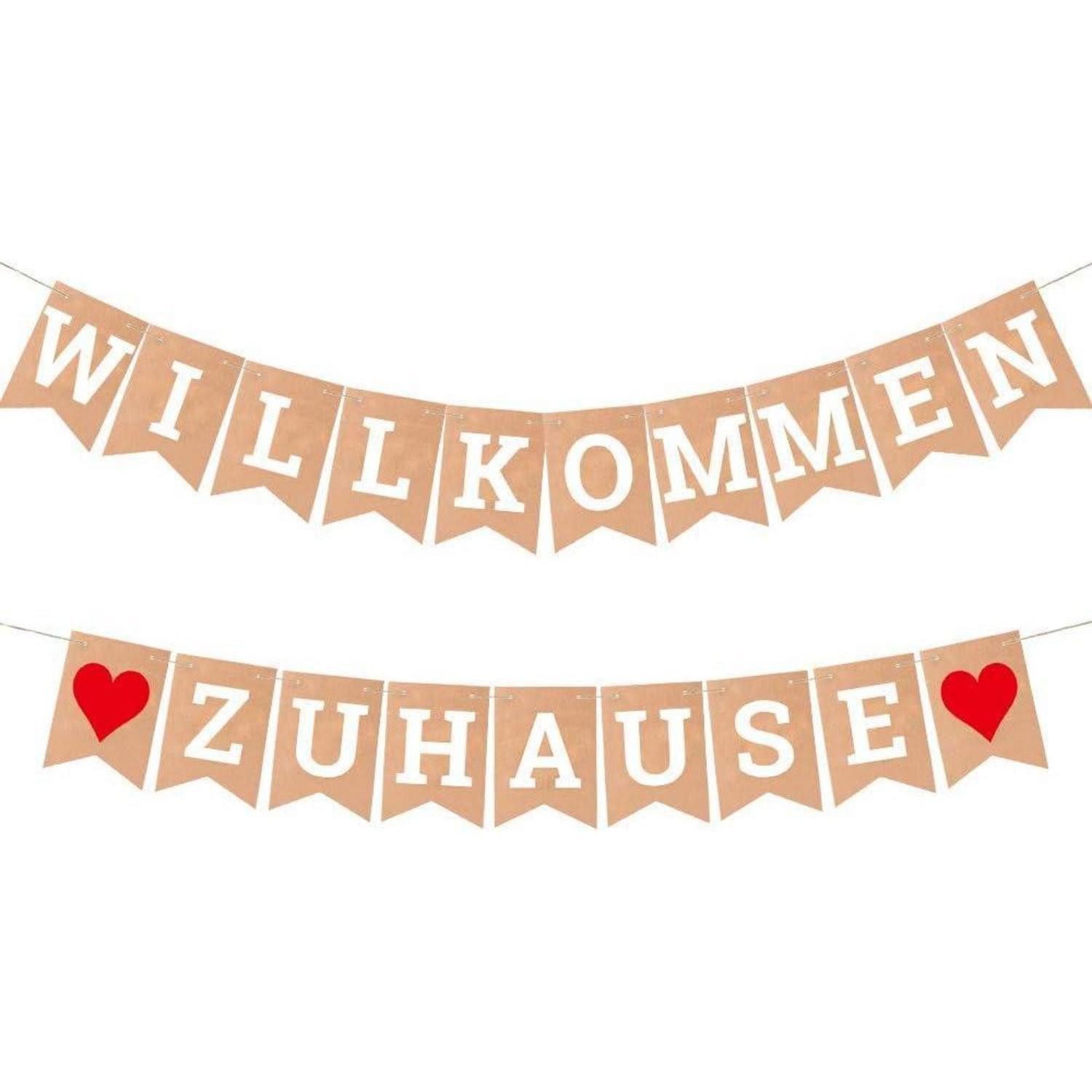 LuxusKollektion Wimpelkette Banner Willkommen Zuhause Girlande 19 Wimpel 2 Juteseile 3m Braun