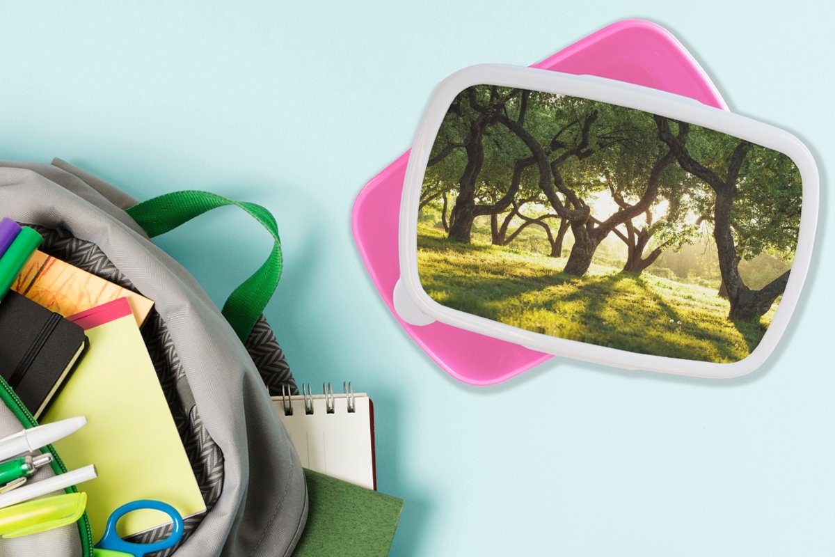 Snackbox, Erwachsene, - rosa Natur Sonne, MuchoWow Brotdose (2-tlg), Kinder, für Kunststoff, Brotbox Bäume - Kunststoff Lunchbox Mädchen,