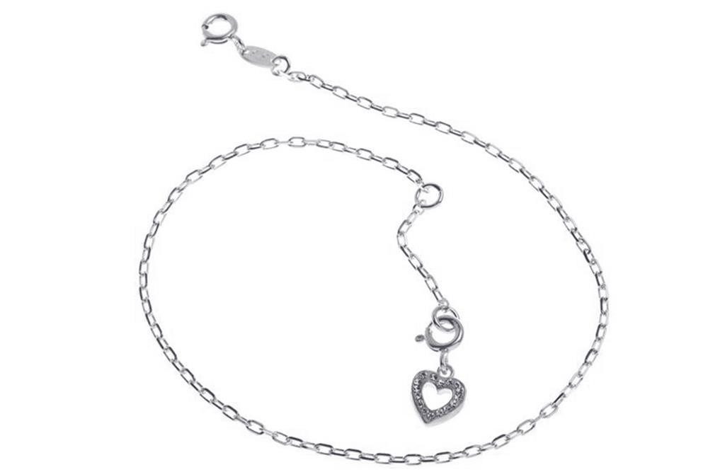 Silberkettenstore Fußkette Fußkette Anker 1,7mm mit Herz weiß - 925 Silber, Länge wählbar