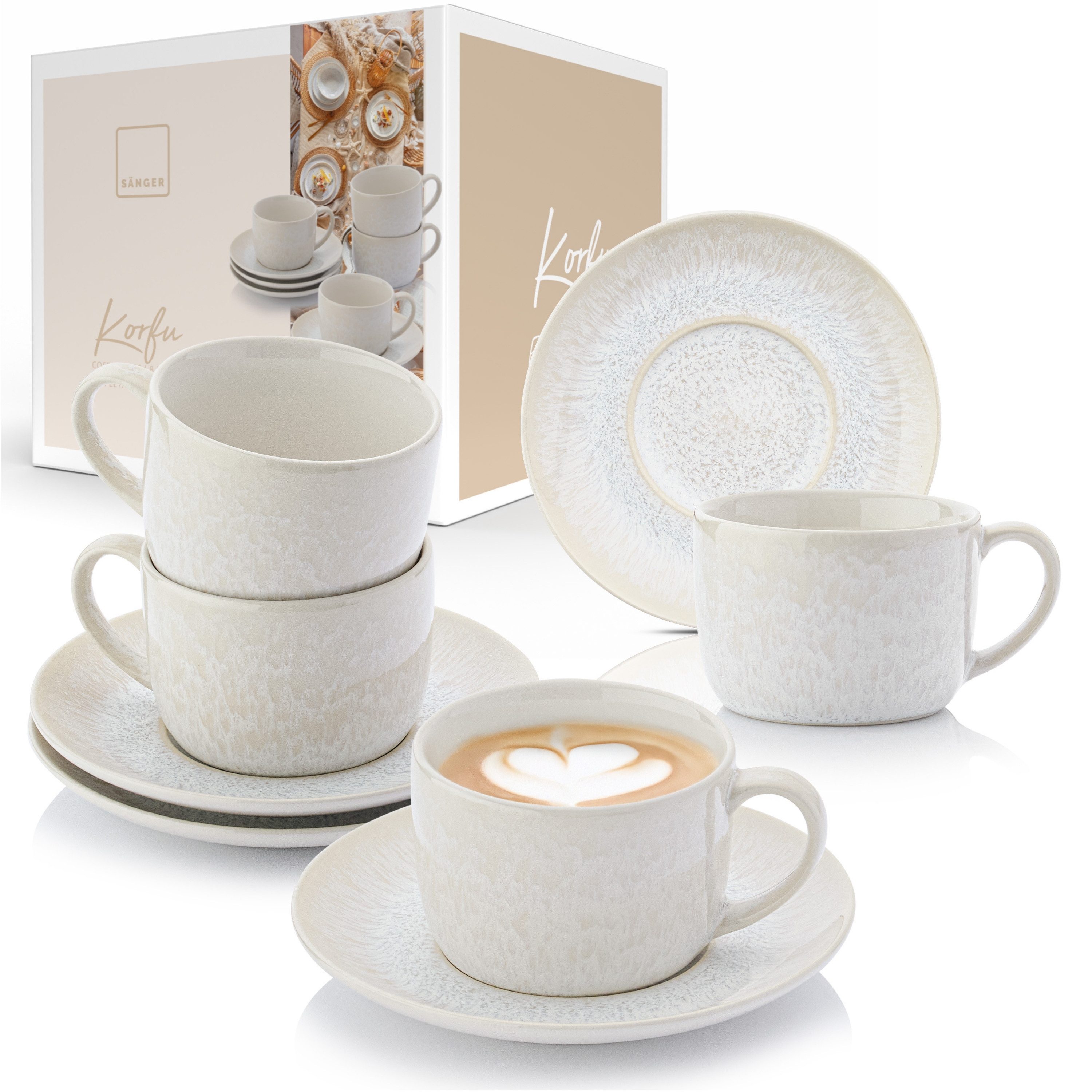 SÄNGER Kaffeeservice Korfu Kaffeetassen Set (8-tlg), 4 Personen, Steingut, Creme Farben mit sandiger Maserung, Handmade, Premium Collection