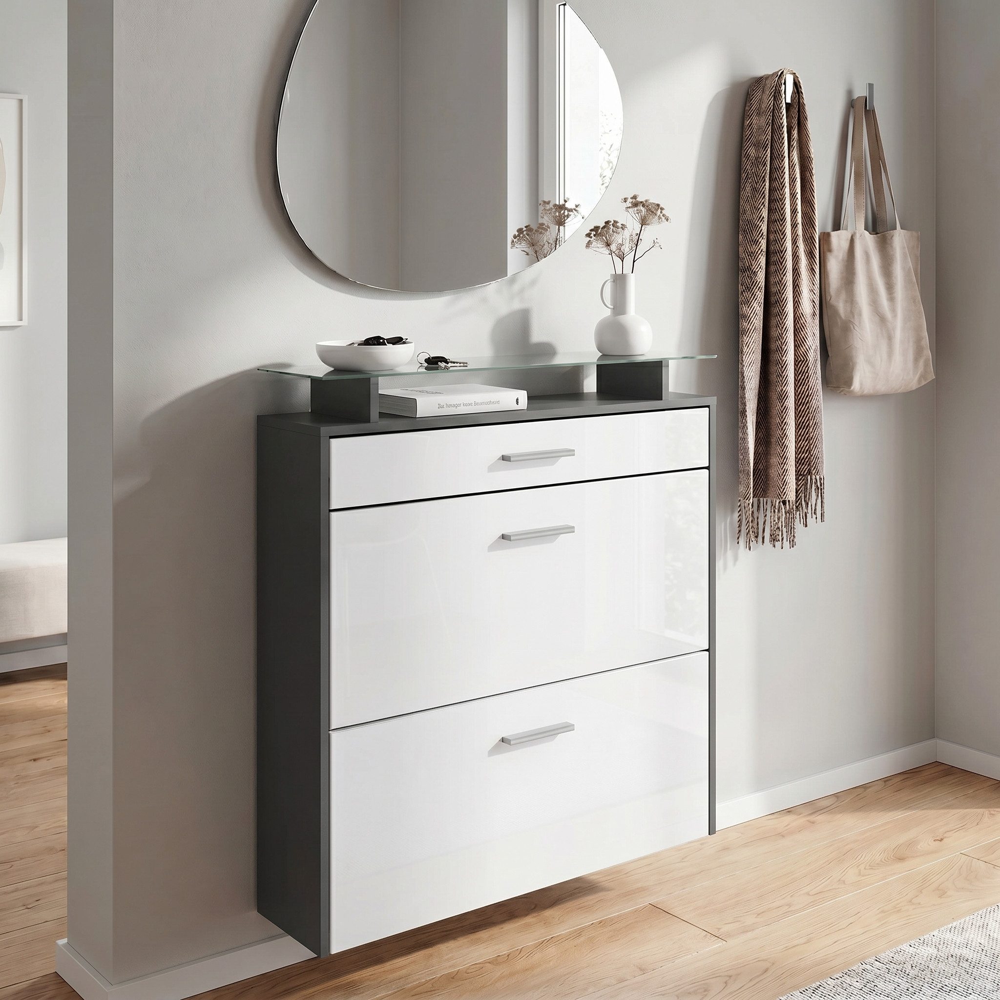 Vladon Schuhschrank Malea (hängender Schuhkipper für 16 Paar Schuhe, mit 2 Klappen und 1 Schublade und Glasablage) Anthrazit matt/Weiß Hochglanz (89 x 96 x 23 cm)