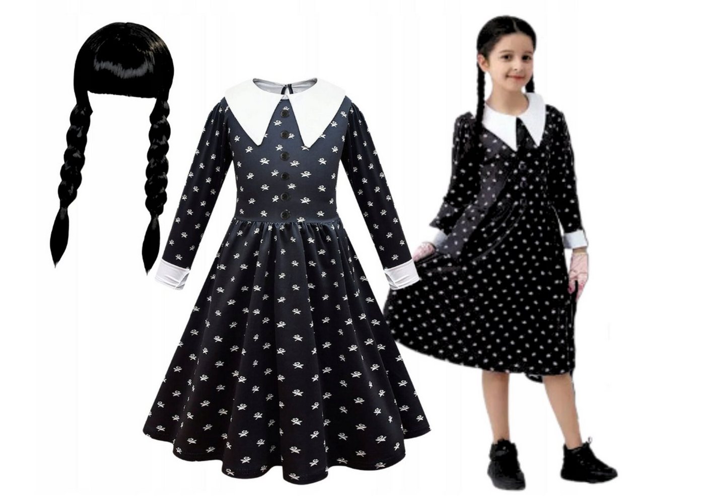 Festivalartikel Kostüm Wednesday Addams Kostüm Verkleidung Girl Schwarz Black Kleid + Perücke