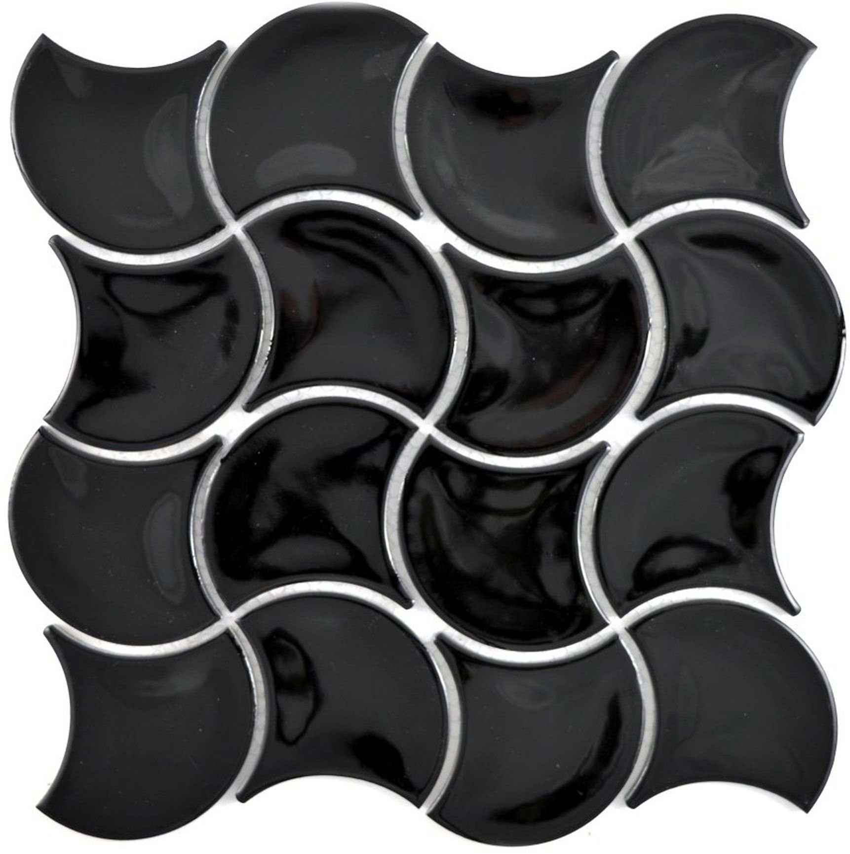 Mosani Mosaikfliesen Fächer Mosaik Fliese Keramik schwarz glänzend Welle Wand BadKüche