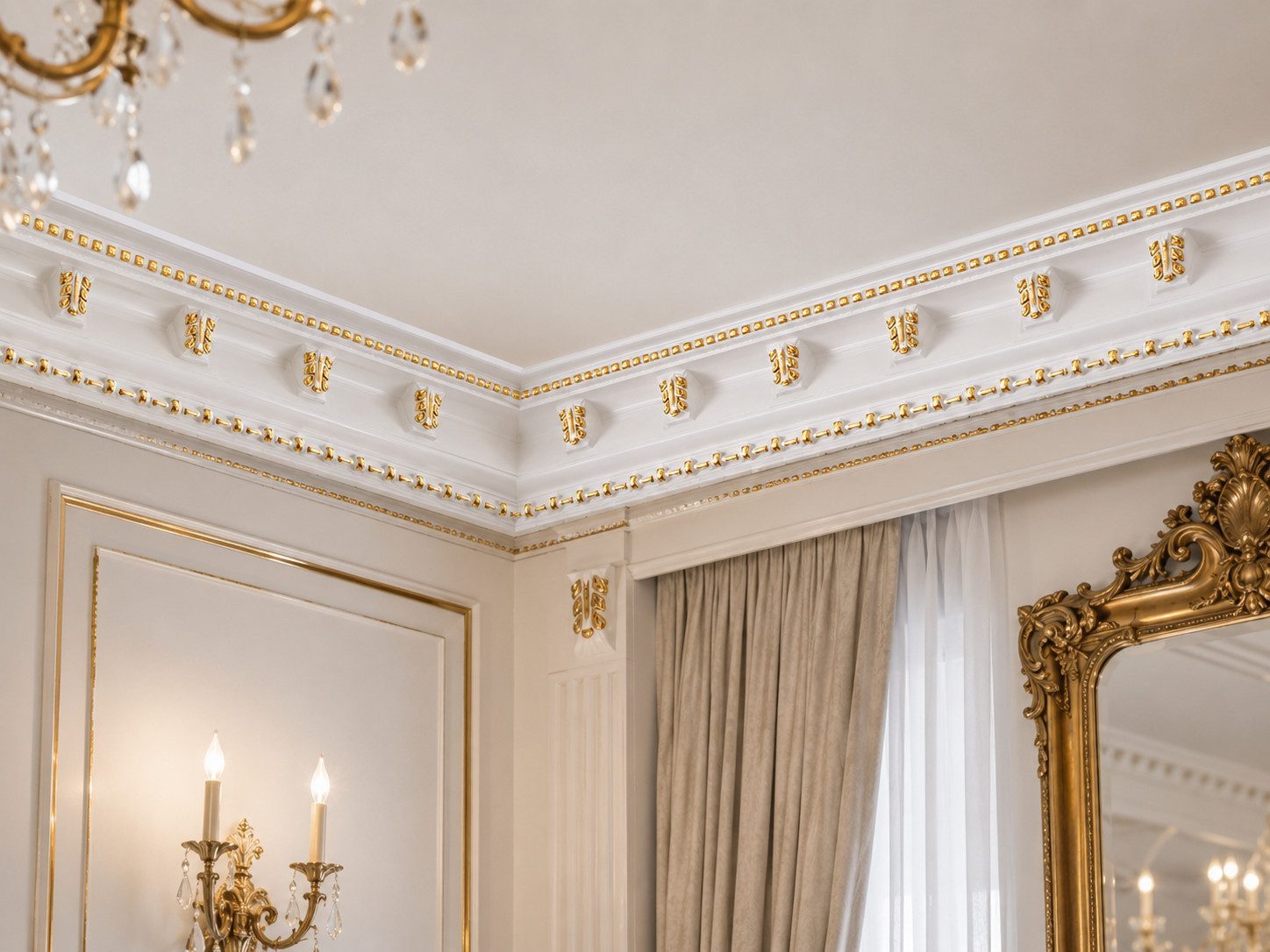 Xlmoebel Stuckleiste Deckenleiste Barock Goldweiß Zierprofil 200 cm Klassik Sofort, Kleben, XPS, Dekorative Deckenleiste mit goldfarbenem Ornament im klassischen Stil