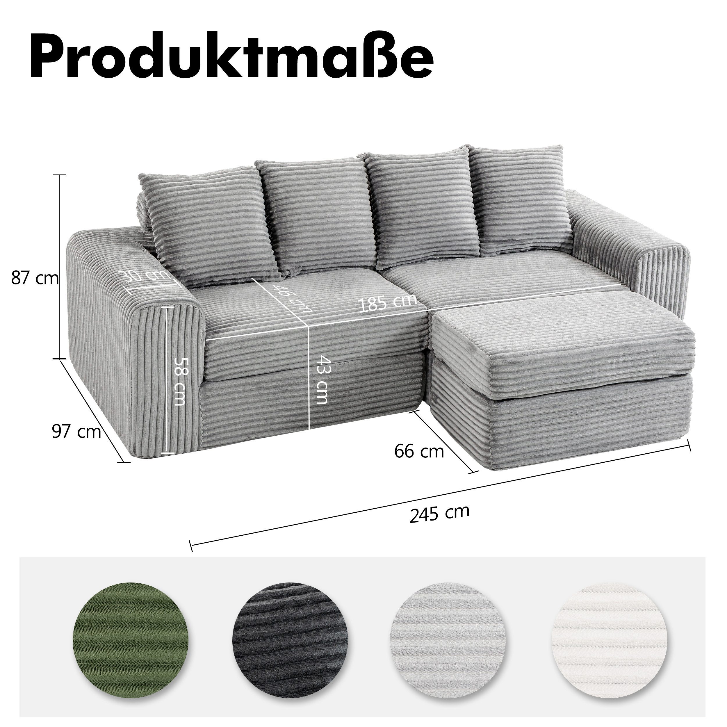 Sinaopus Ecksofa Modulares Ecksofa aus Cord mit Fußhocker und breiter Sitzfläche, Bequemes Wohnzimmersofa mit flexiblem Hocker und weicher Polsterung