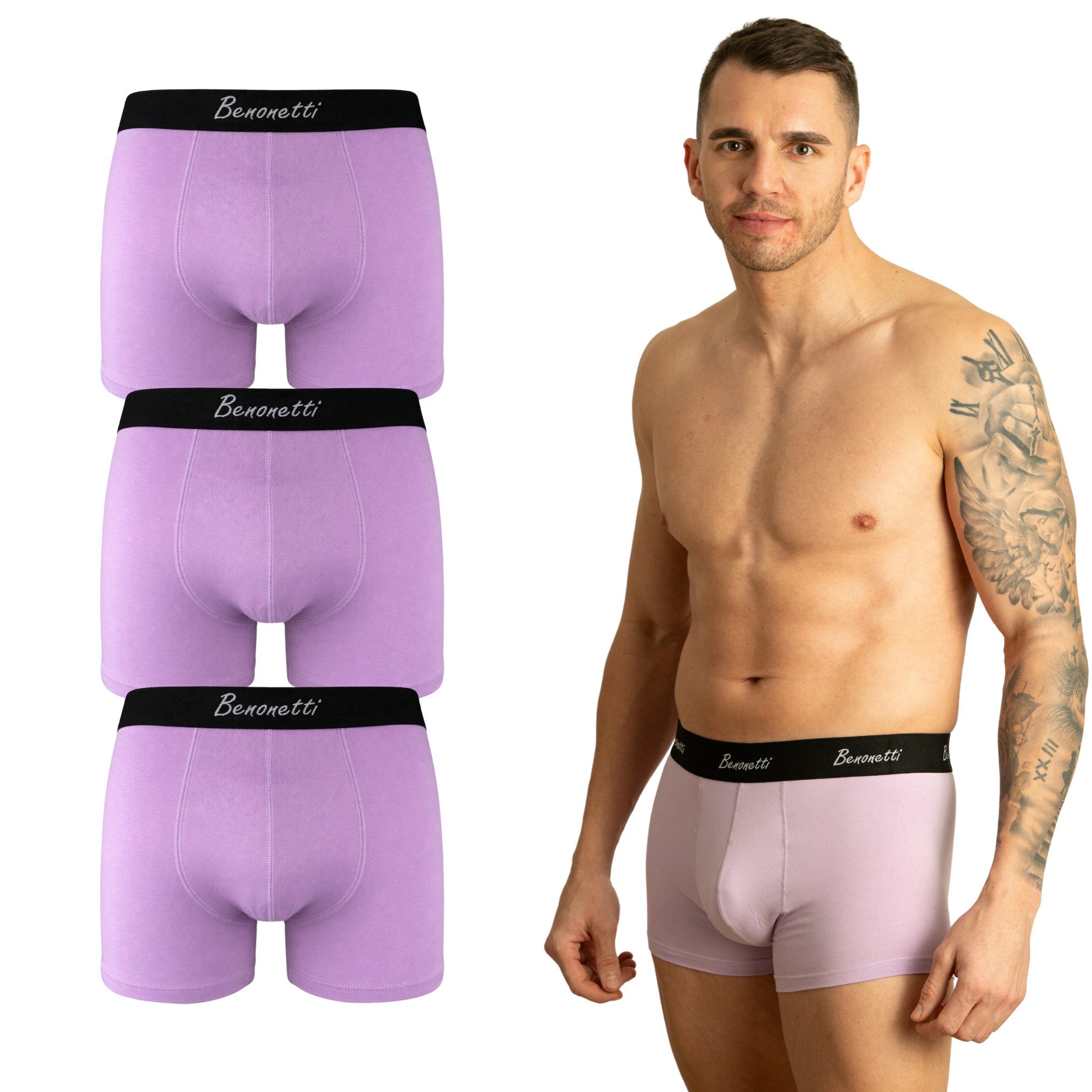 Benonetti Boxershorts weich, langlebig & atmungsaktiv, kein Aufrollen (3 Paar, 3-St., Packung, 3er-Pack) Mit Komfortbund und Logo, ohne kratzenden Zettel