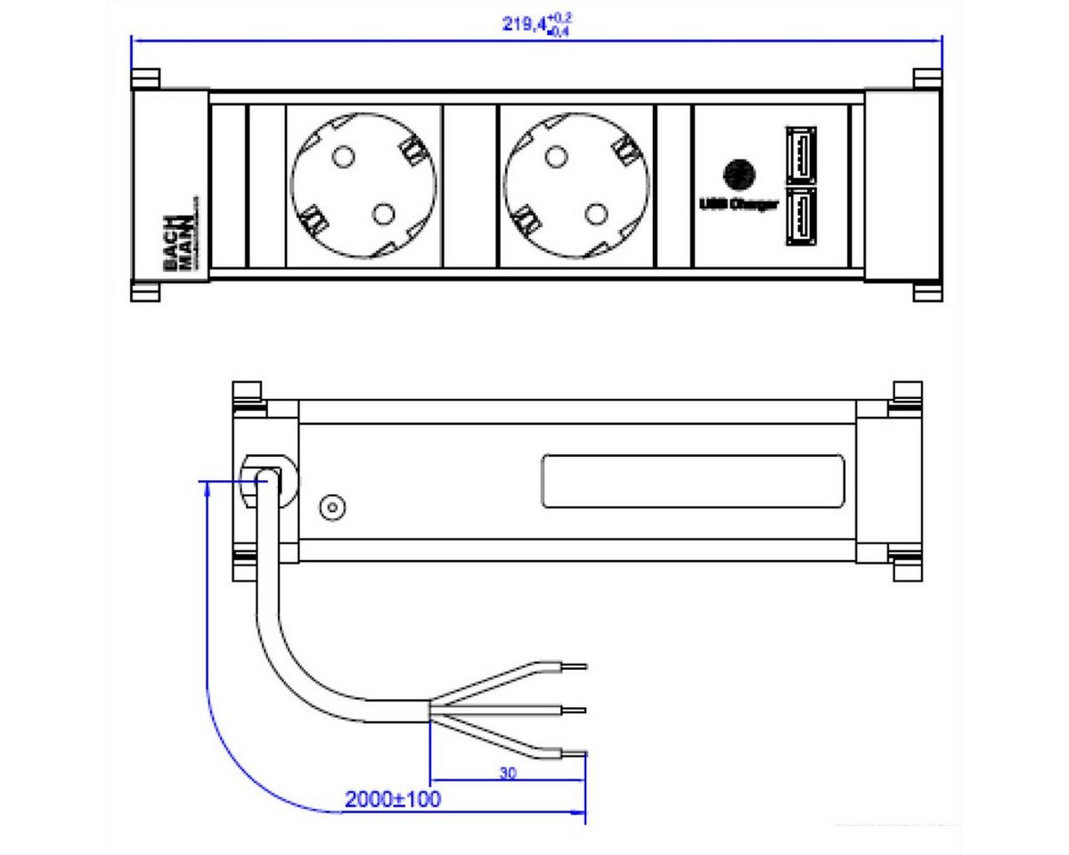 Thumbnail - Bachmann POWER FRAME 2xCEE7/3 USB Chargr Einbau-Tischsteckdosenleiste (Kabellänge 2 m), Strom 2,0m AEH