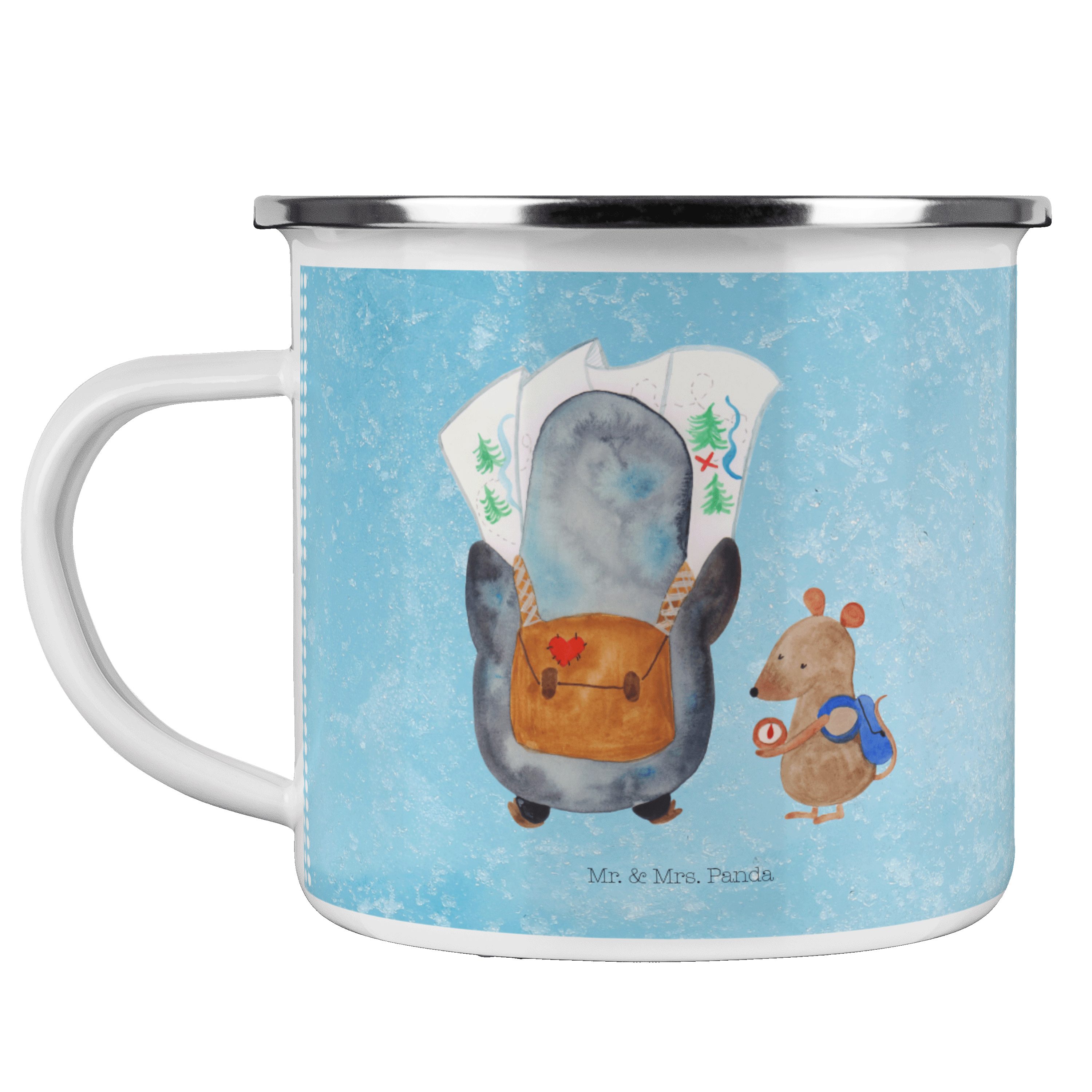 & Becher Kaffee Blechtasse, Emai, Mr. Pinguin & Emaille Mrs. Eisblau Maus Geschenk, - Wanderer Panda -
