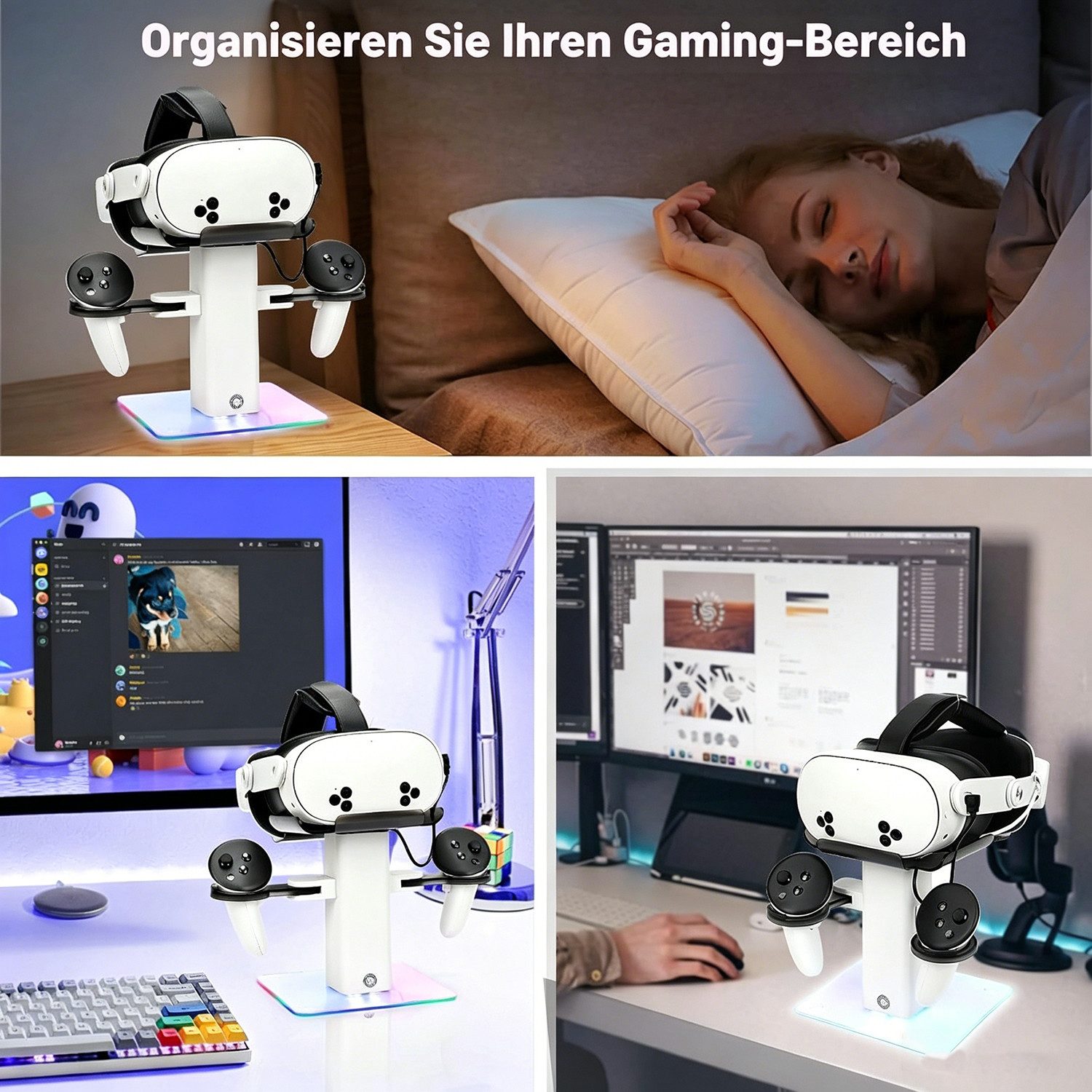 ibettertec Vertikaler RGB-Ladeständer, kompatibel mit Quest 3S/Quest 3 Zubehör Virtual-Reality-Headset (LED-Licht unten und Rutschfester Matte)
