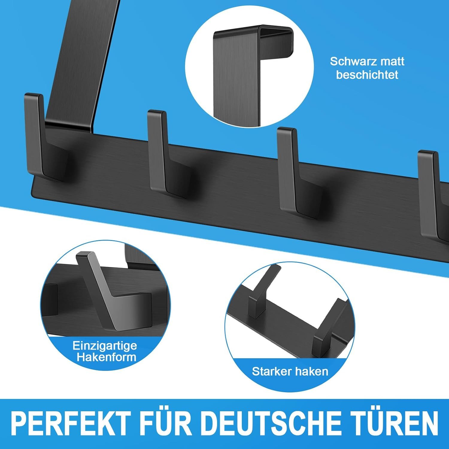 Refined Living Türhaken Türgarderobe zum Einhängen mit 6 Haken, ohne Bohren, Rostfrei, für Flur, Bad und Küche, Tür, Schlafzimmer, (Hakenleiste Bad, Türgarderobe, Ohne Bohren Türhaken, Platzsparende Türhaken, Türhaken zum Einhängen, 1-St., Arbeitszimmer, Kleiderhaken Tür, Handtuchhaken Tür, Türgarderobe), Robust & Langlebig, Vielseitig einsetzbar
