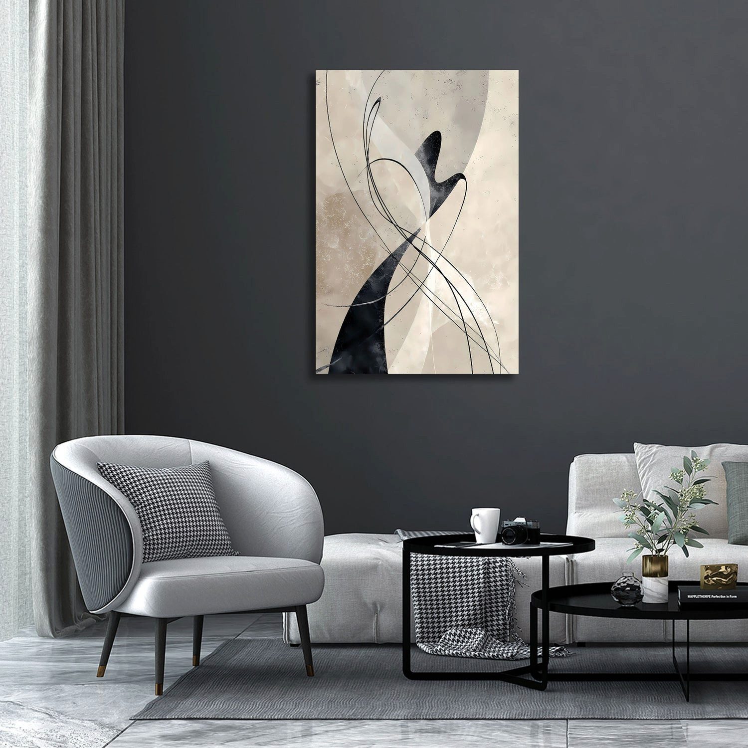 Artedinoi Leinwandbild Abstrakt Linienkunst Beige Schwarz Wandbild Leinwandbild Kunstdruck XL, Linienkunst in Beige-Schwarz