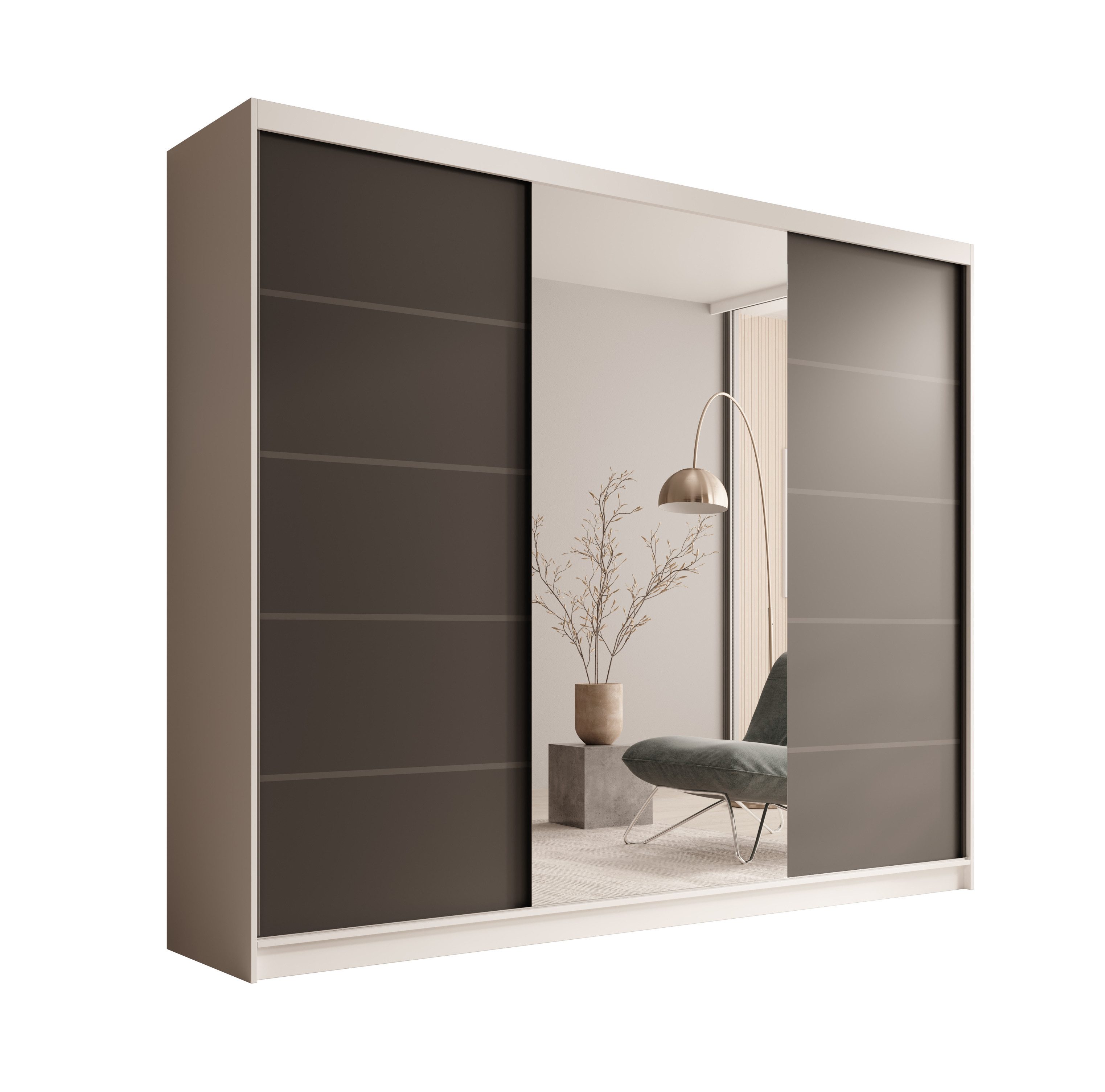 MOEBLO Schiebetürenschrank Tivora 250 (Moderner, platzsparender Kleiderschrank mit Spiegel für Schlafzimmer und Ankleidezimmer, 3 Schiebetüren, 11 Einlegeböden, stabile Kleiderstange, Wohnzimmerschrank mit Spiegel, Schwebetürenschrank Schrank Garderobe Schiebtüren Schlafzimmer) (BxHxT): 250x215x58 cm