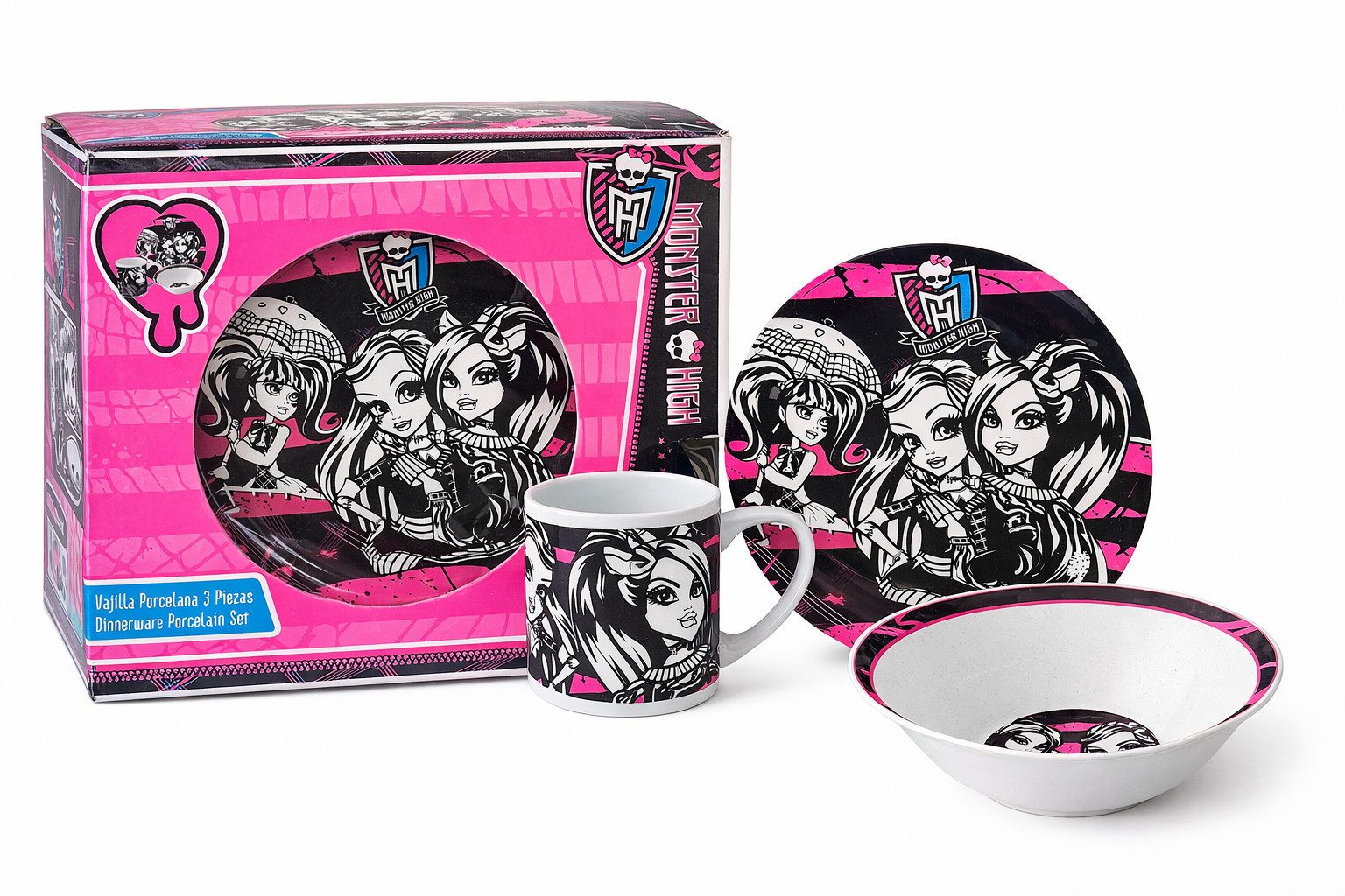 Rungassi Gläser-Set 3-teiliges Monster High Keramik-Set – Schale, Teller & Tasse, Keramik