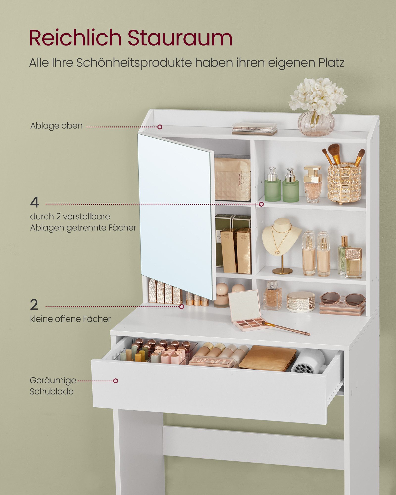 VASAGLE Schminktisch Frisiertisch, Kosmetiktisch, mit Spiegel, verstellbare Ablagen, Breite 70 cm, weiß