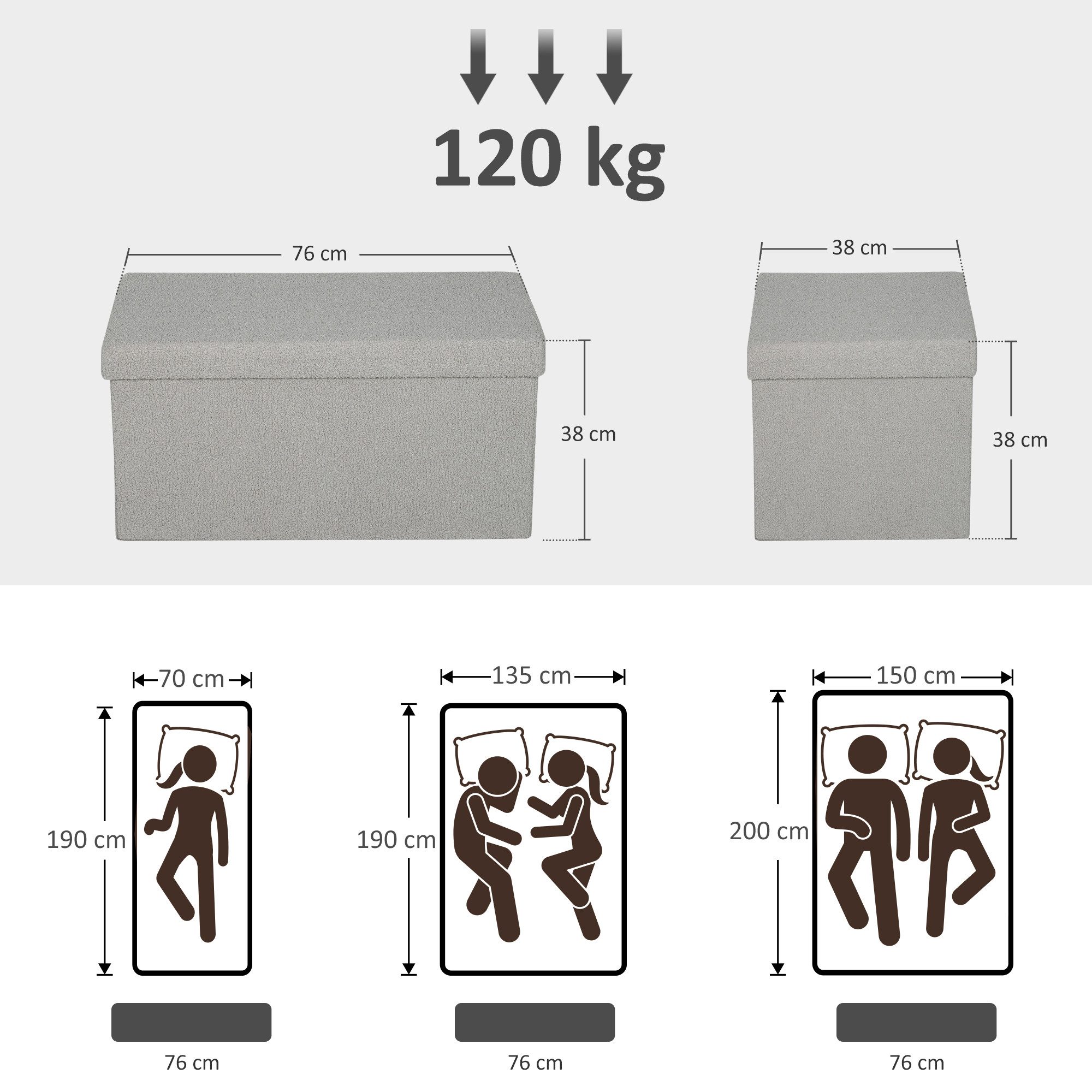 HOMCOM Sitzbank mit Stauraum faltbar Polsterbank mit Samtoptik (Sitztruhe, 1-St., Truhenbank), für Wohnzimmer Schlafzimmer Flur 76 x 38 x 38 cm, Hellgrau