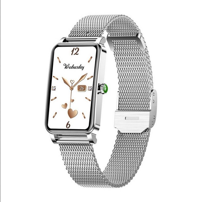 TPFNet SW32 mit Milanaise Armband für Damen - individuelles Display Smartwatch (Android) Armbanduhr mit Musiksteuerung Herzfrequenz Schrittzähler Kalorien Sportmodus etc. - Silber