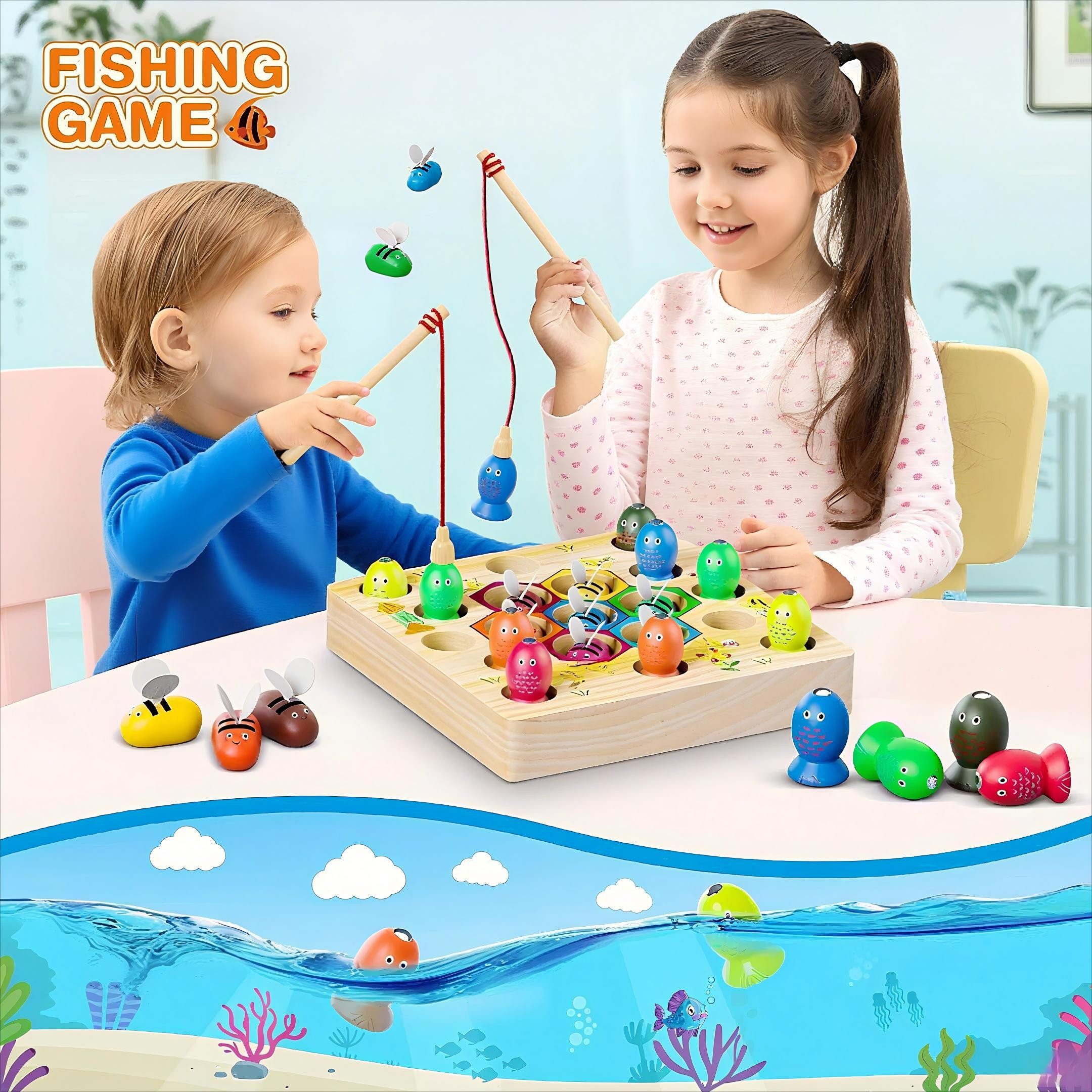 POPOLIC Lernspielzeug Magnetische Angelspiel ab 2 Jahre, Montessori Spielzeug 2 in 1 Baby (1-St., Holzspielzeug, Motorikspielzeug Fische Angeln Spiel 1 Set 2 3 4 Jahre), Mädchen Junge Geschenke für Kinder(Patentschutz)