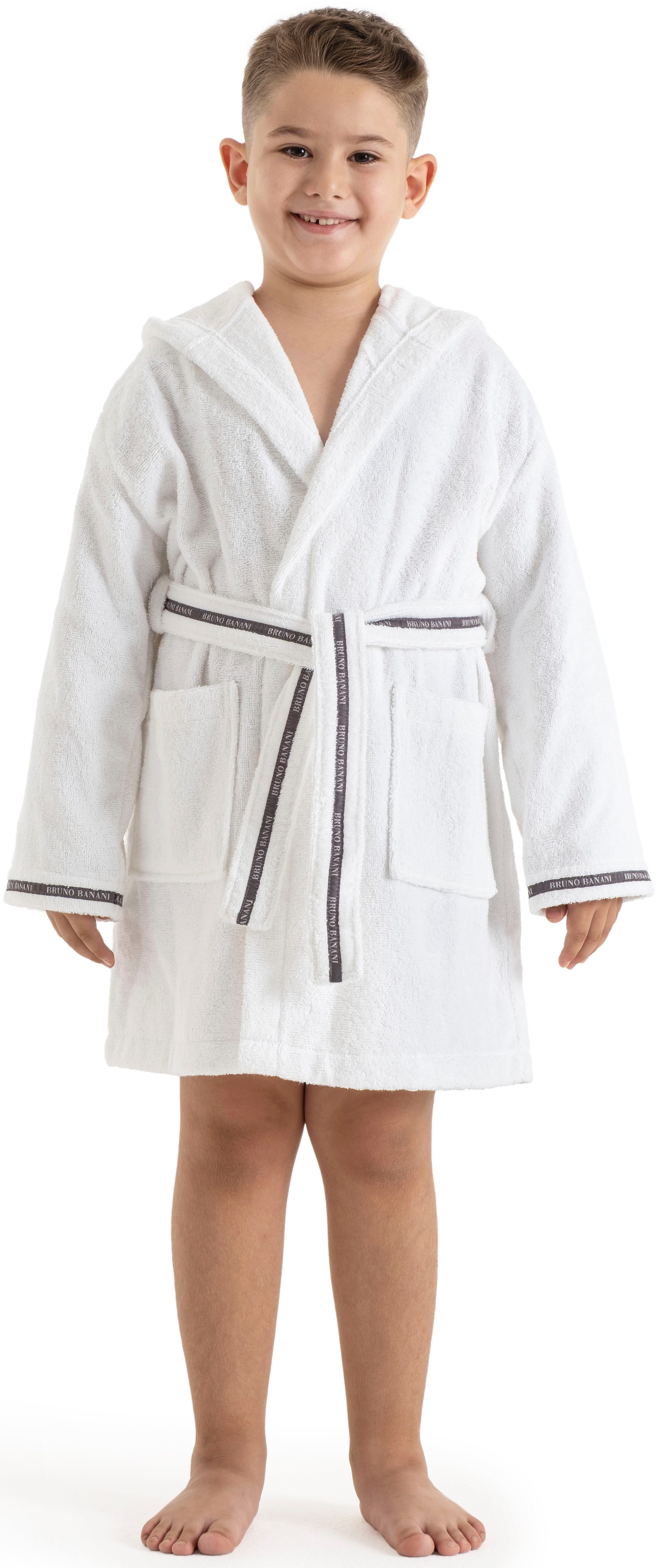 Bruno Banani Kinderbademantel Danny, Ideal für Zuhause, Schwimmbad oder im Urlaub, Langform, Walkfrottee, Kapuze, Gürtel, mit Logostreifen, aus 100% Baumwolle