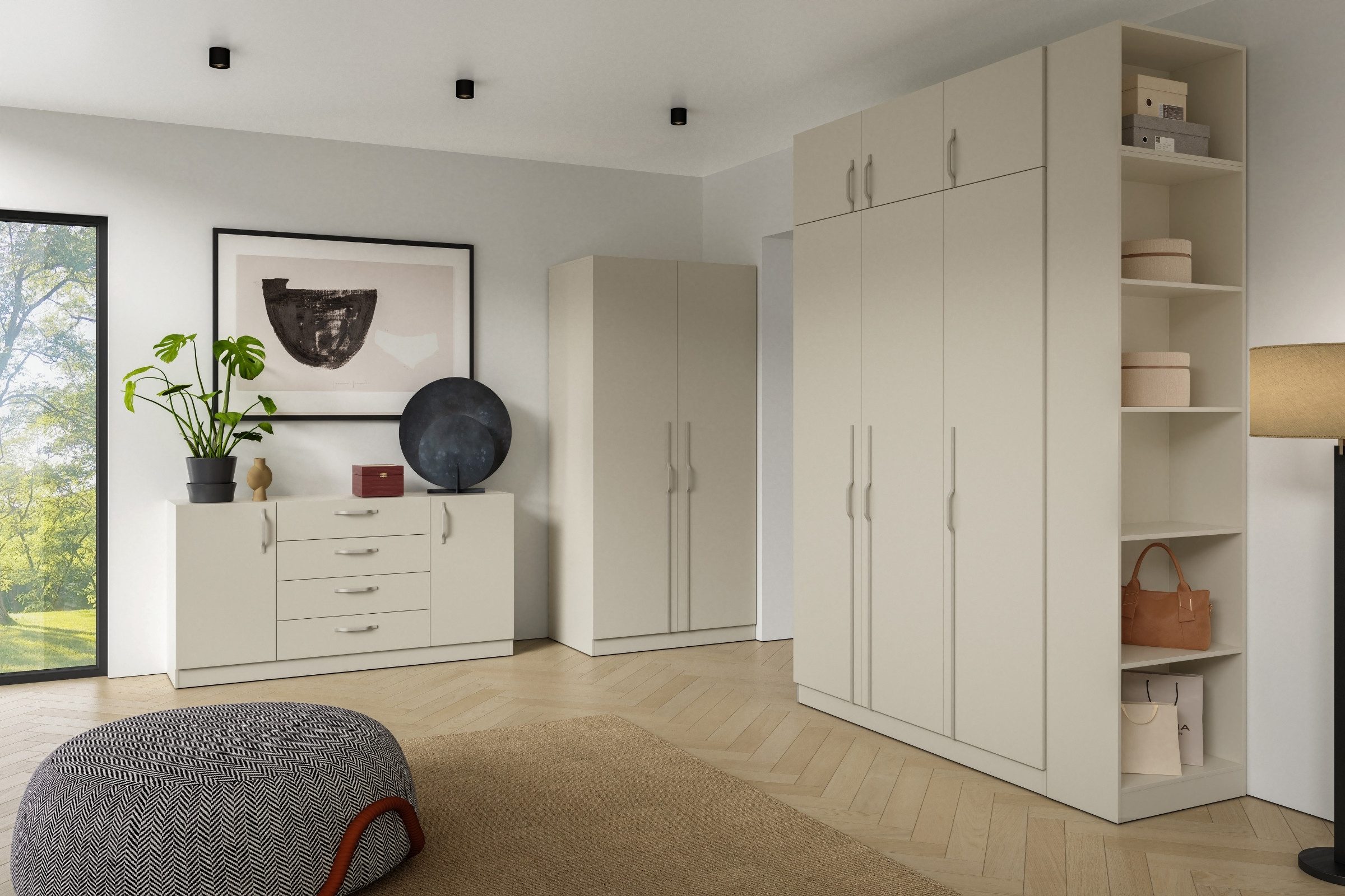 Deine Möbel 24 Kleiderschrank BRISSO BR2 3-türiger Drehtürenschrank, 150 cm breit, mit Metallgriffen (Set, 1-St., ideal für Schlafzimmer & Ankleidezimmer) in Platingrau matt, Kaschmir matt, Eiche Cremona