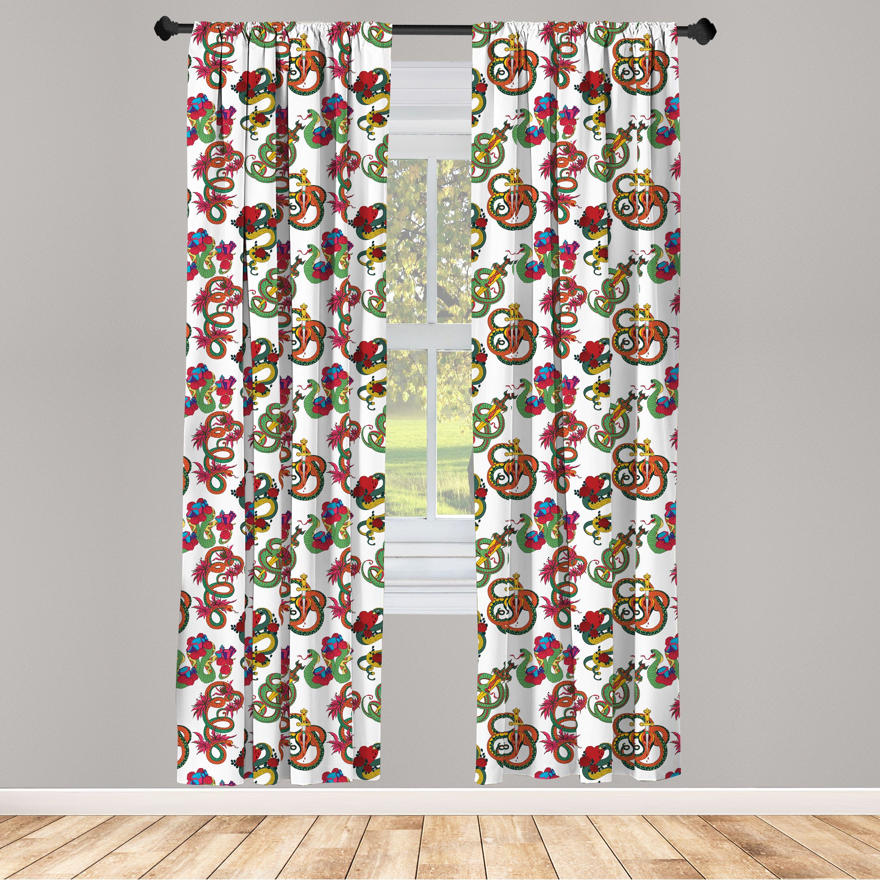Gardine Vorhang für Wohnzimmer Schlafzimmer Dekor, Abakuhaus, Microfaser, Drachen Blumen und Schlangen Ornament