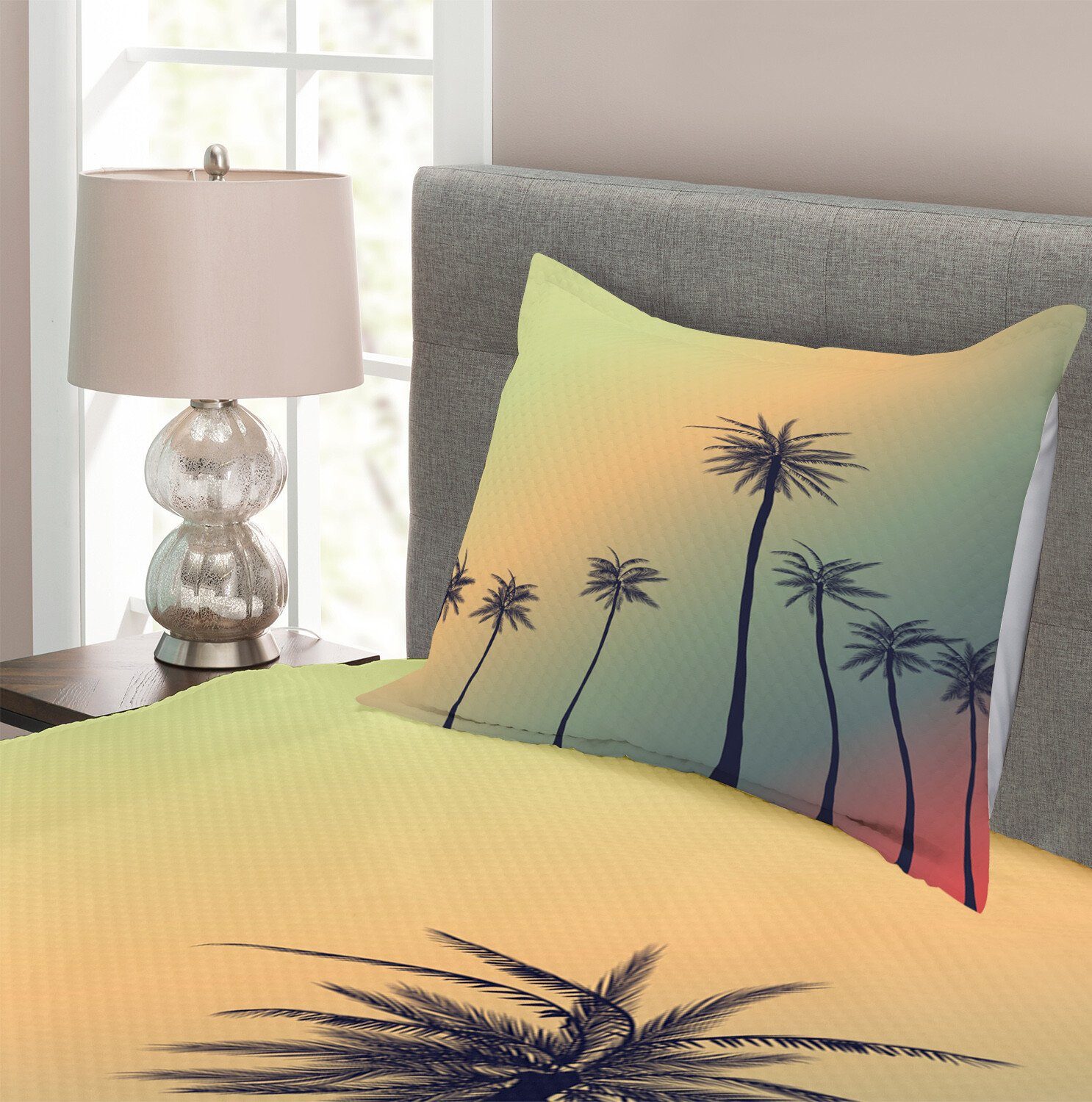 Set Tropic mit Tagesdecke Waschbar, Kissenbezügen Abakuhaus, Kalifornien-Strand-Palmen