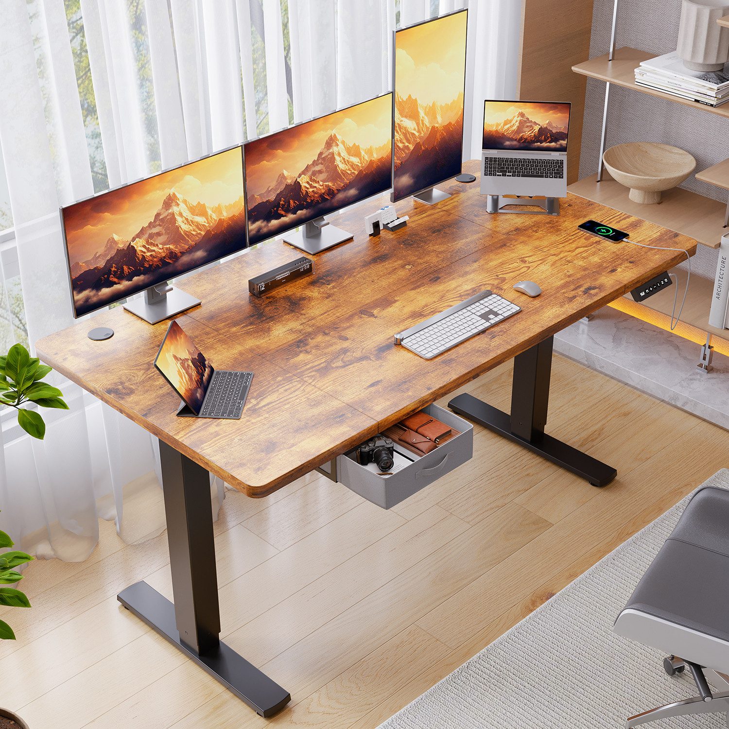 HOMALL Schreibtisch Schreibtisch Höhenverstellbarer mit Gedächtnis und Sitzerinnerung (Tischbreite 140/160/180^80 cm mit Schublade, ausgestattet mit USB-Ladeanschluss, bestehend aus vier Platten)
