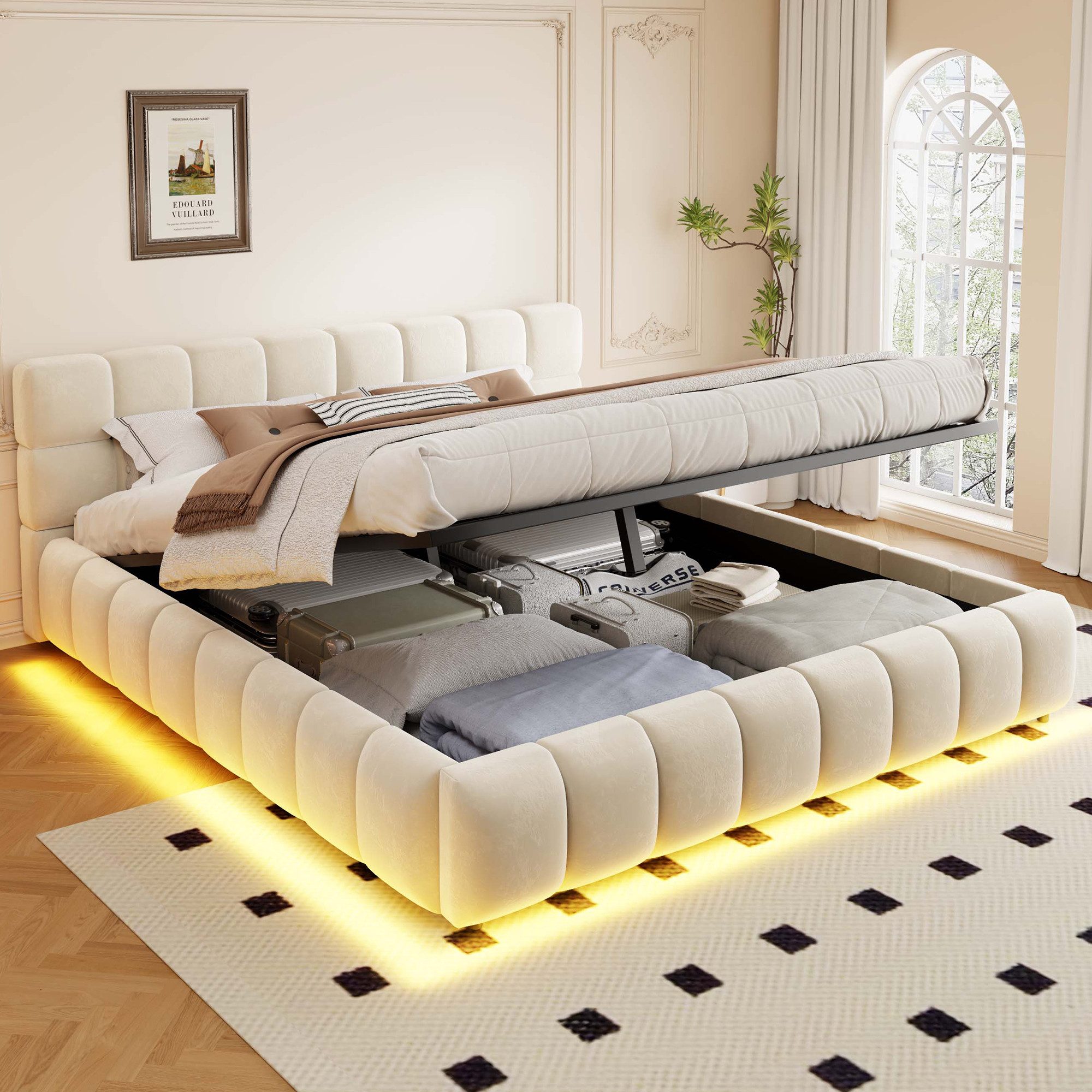 Merax Polsterbett mit LED-Licht & hydraulischem Stauraum (1-tlg), Doppelbett 160×200cm mit voluminösem Kopfteil, Mehrzweckbett, Samt