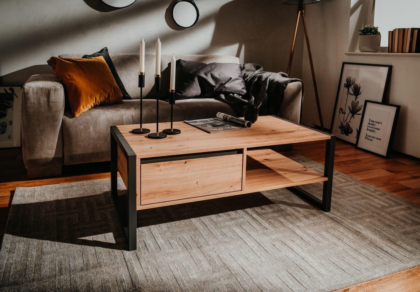 möbelvita Couchtisch Couchtisch Portland 55 in Artisan Oak - Griffleiste mit Schrägkante