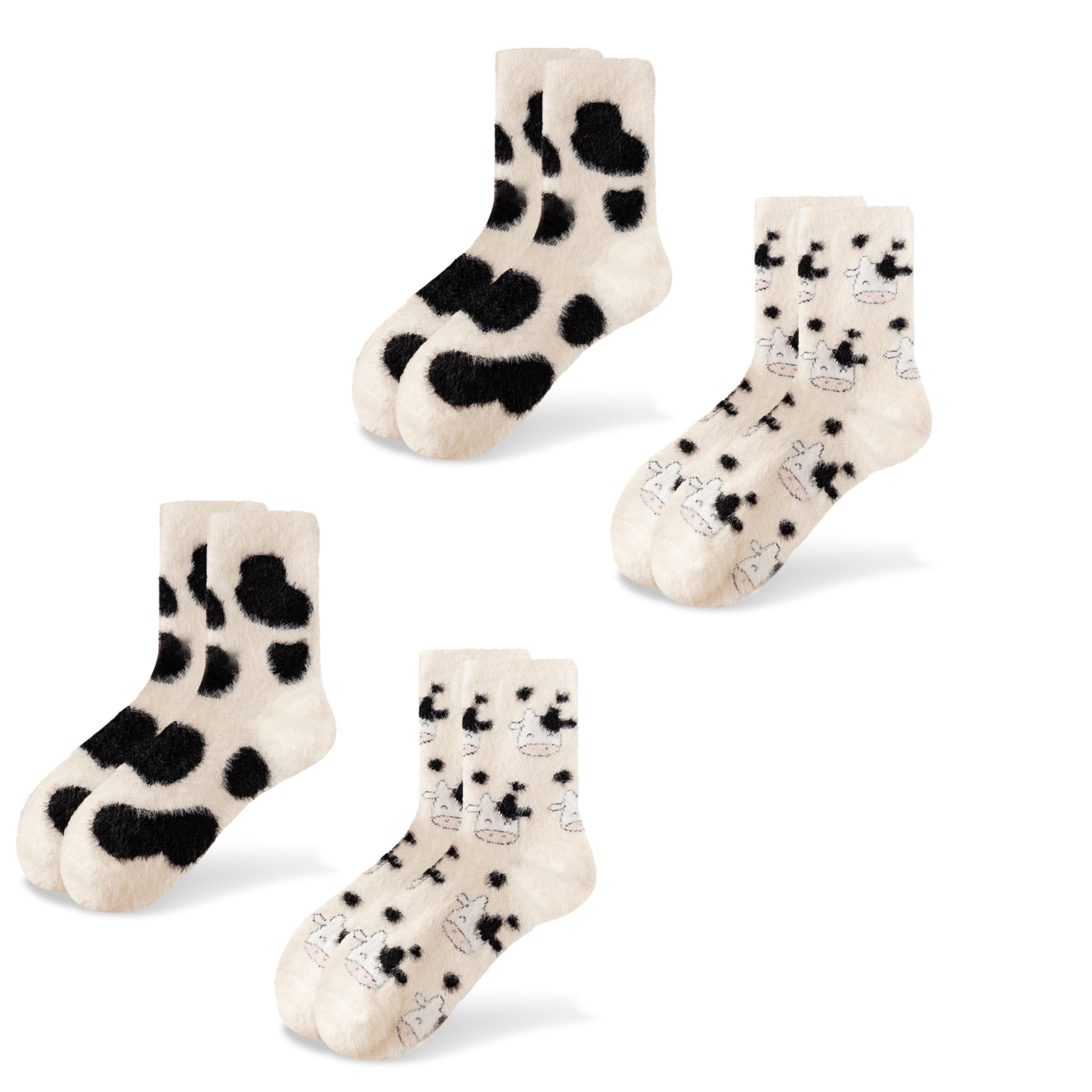 FOUORTUNATE-BEE Socken 4 Paar Damen-Kuschelsocken mit Kuh-Motiv (warme flauschige Wintersocken für Zuhause, 4-Paar, und als Geschenk für Mädchen und Frauen)
