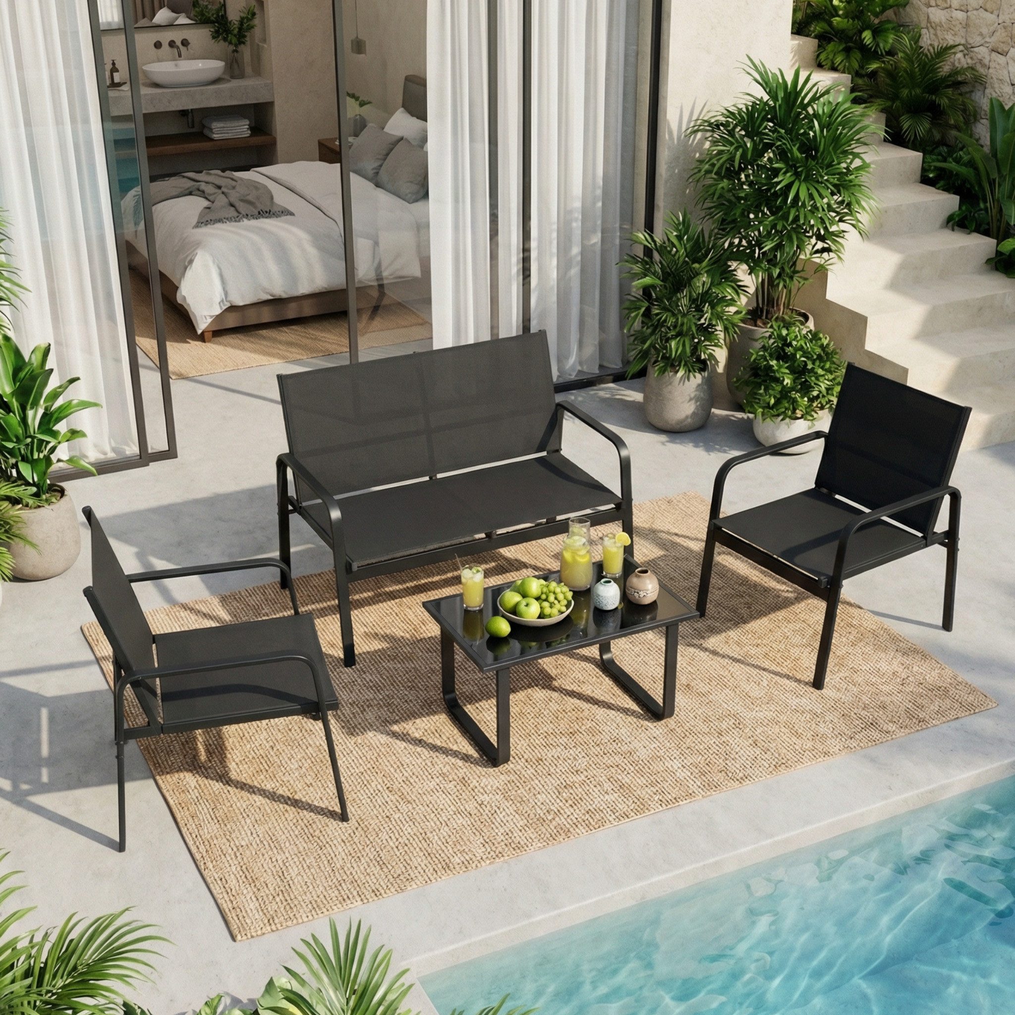 Mondeer Balkonset Gartenmöbel Set 4-tlg, Sitzgruppe mit Armlehnen & Glas-Tisch für Balkon Terrasse