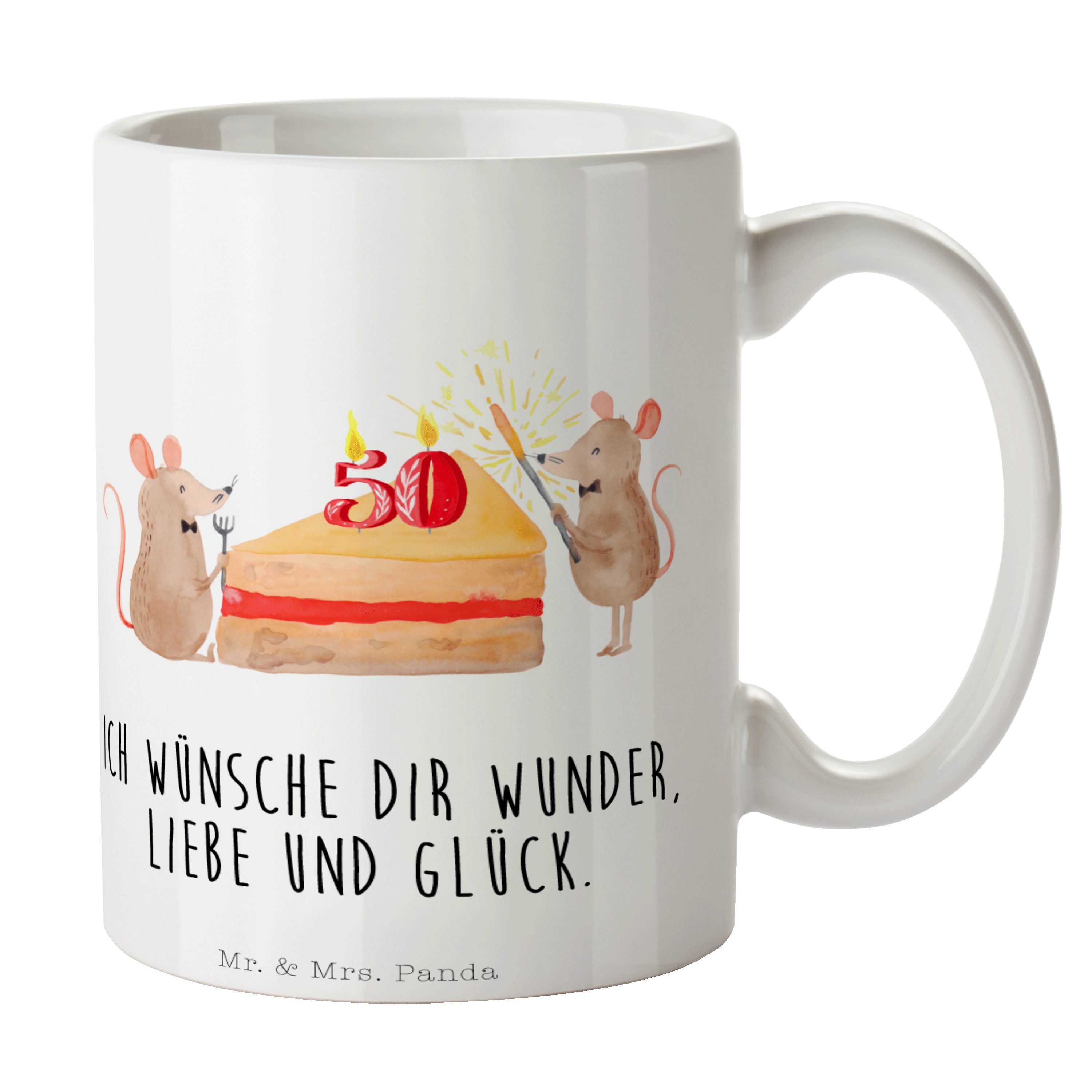 Mr. & Mrs. Panda Tasse 50. Geburtstag Mäuse Kuchen - Weiß - Geschenk, Tasse, Geburtstagsgesc, Keramik