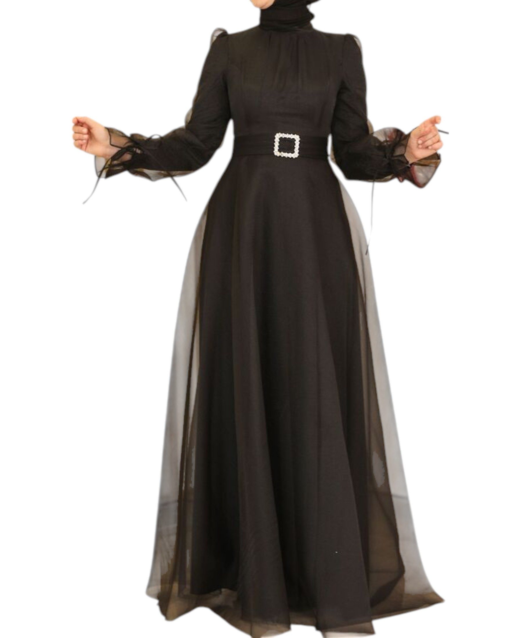 Modavitrini Abendkleid Damen Tüll Maxikleid Langarm – Festkleid mit Gürtel Modest Fashion Gürtel mit Schmucksteinen