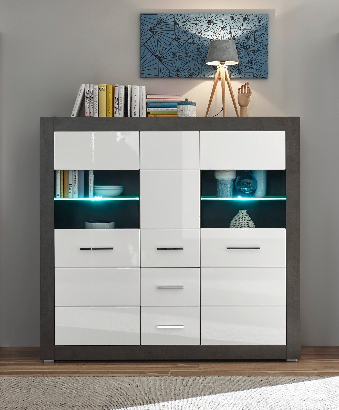 Furn.Design Highboard Briard (Schrank in weiß Hochglanz und grau, 149 x 142 cm), mit 11 Fächern