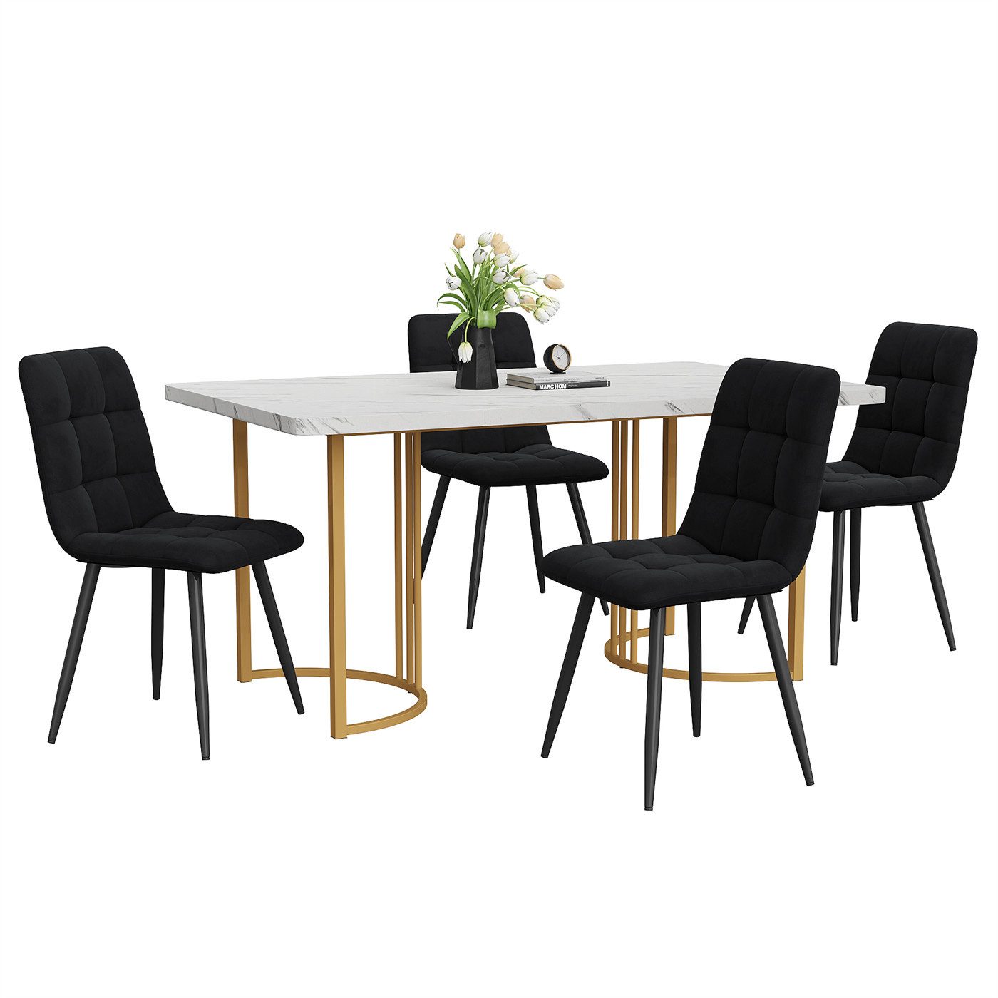 autolock Essgruppe Essgruppe (5-tlg),Esstisch mit 4 Stühlen Set,Moderner Küchentisch Set, 140×80cm,MDF Tischplatte in Weißer,Schwarz Samt Esszimmerstühle