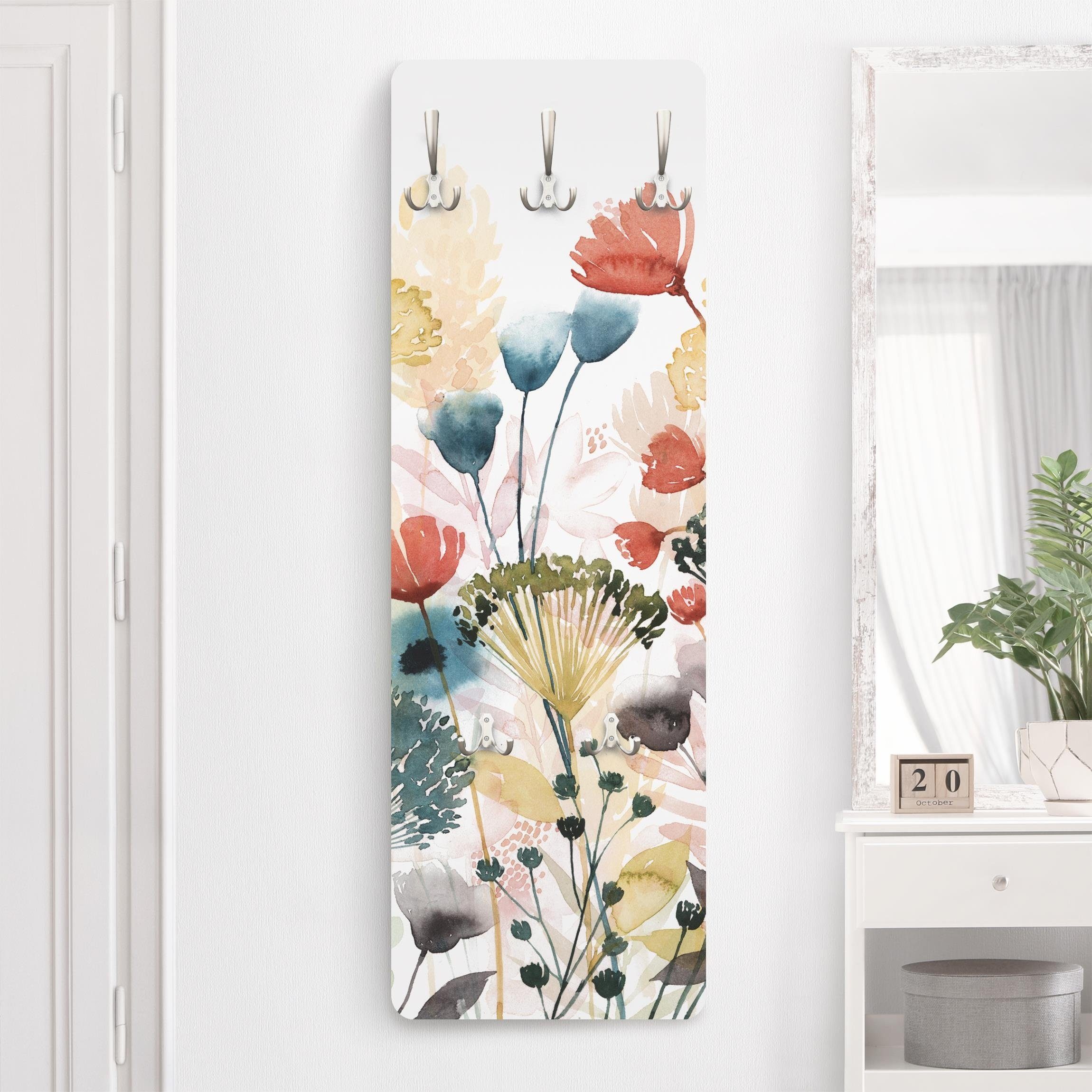 Bilderdepot24 Garderobenpaneel bunt Aquarell Blumen Floral Kunst Landhaus Wildblumen im Sommer II (ausgefallenes Flur Wandpaneel mit Garderobenhaken Kleiderhaken hängend), moderne Wandgarderobe - Flurgarderobe im schmalen Hakenpaneel Design
