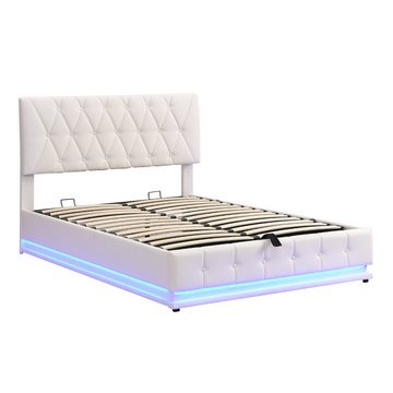 Gotagee Polsterbett Polsterbett 140x200cm Stauraumbett LED Doppelbett Jugendbett Bett Weiß