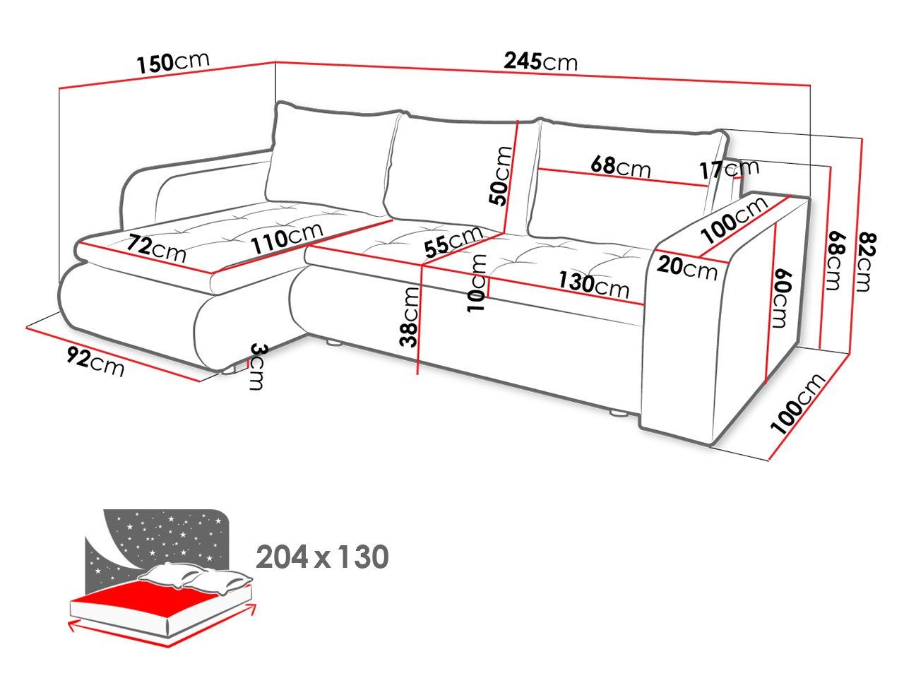 Schlaffunktion und Brooklyn, Bettkasten, mit Seite, Kissen-Set, mit MIRJAN24 L-Form 5-Sitzer Universal Ecksofa