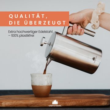 GRØNENBERG French Press Kanne Spar Set 1.2: Bio Kaffeepulver 250g + French Press (3 Größen), Mit Thermo Effekt & inkl. Ersatz Filter