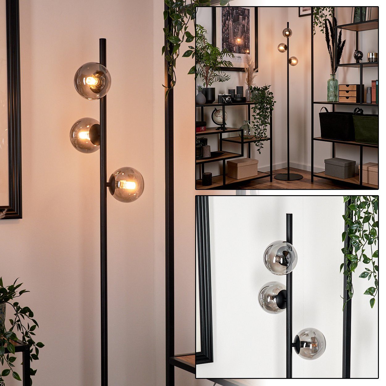 hofstein Stehlampe Stehlampe aus Metall/Glas in Schwarz/Rauchfarben, ohne Leuchtmittel, Standlampe im Retro-Design aus Glas, 3 x G9, ohne Leuchtmittel