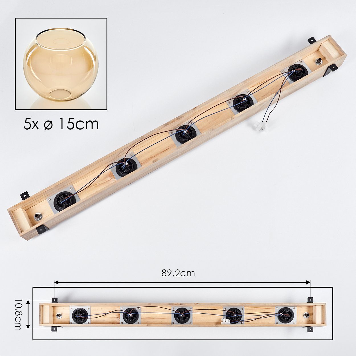 hofstein Deckenleuchte Deckenlampe aus Leuchtmittel, E27, Leuchtmittel Schwarz/Natur/Bernsteinfarben, Glaskugeln in ohne Metall/Holz/Glas u. Ø15cm, Holzbalken 5x 100cm ohne