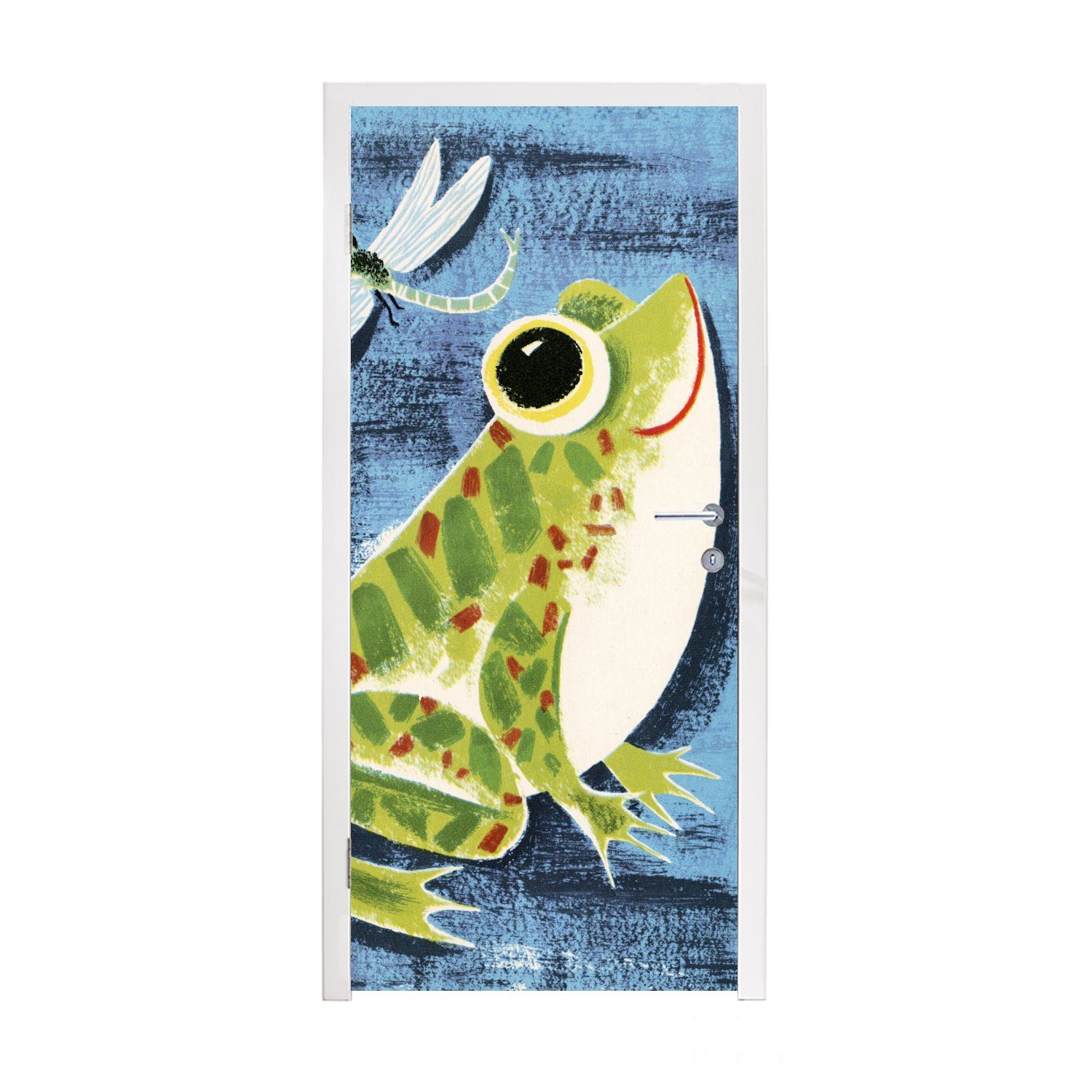 MuchoWow Türtapete Frosch - Libelle - Blau, Matt, bedruckt, (1 St), Fototapete für Tür, Türaufkleber, 75x205 cm