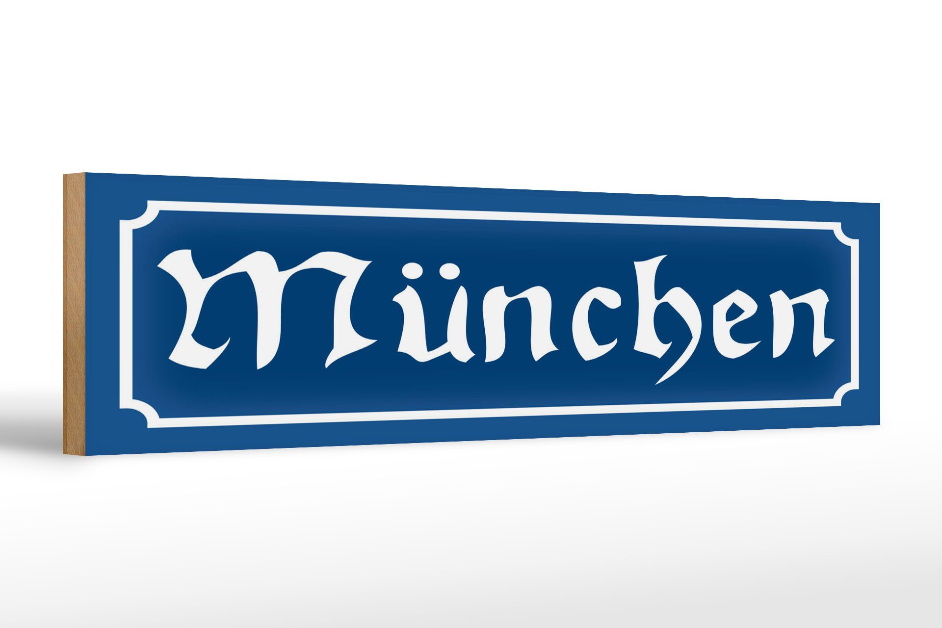 Femer GmbH Holzbild Hinweis 46x10 cm München blaues, (1 St), Glatte Holzfaserplatte (MDF), vorn beschichtet