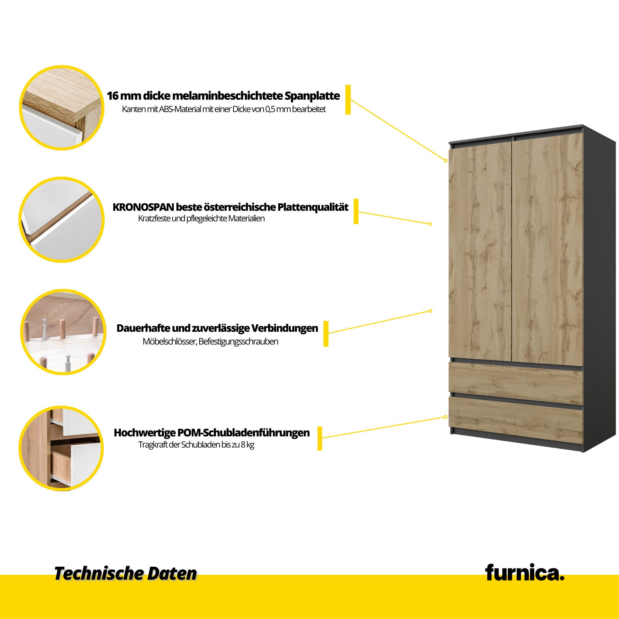 Furnica Kleiderschrank Garderobenschrank, 2 Türen und 2 Schubladen H180 x B90 x T50cm – Bild 5 von 5
