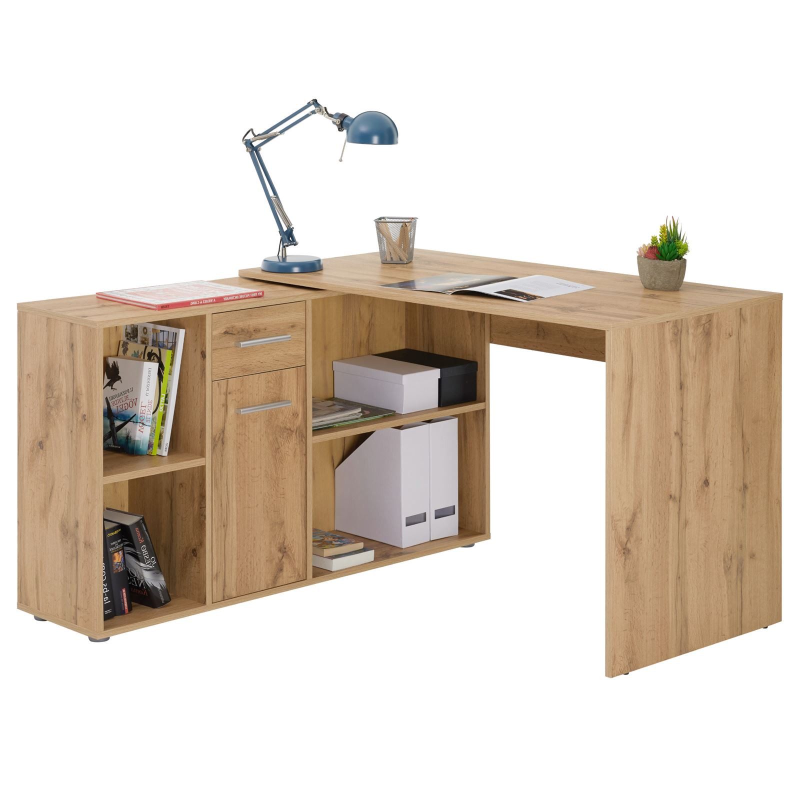 CARO-Möbel Eckschreibtisch DIEGO, Schreibtisch mit Stauraum in L-Form, Homeoffice Tisch mit Regal eiche