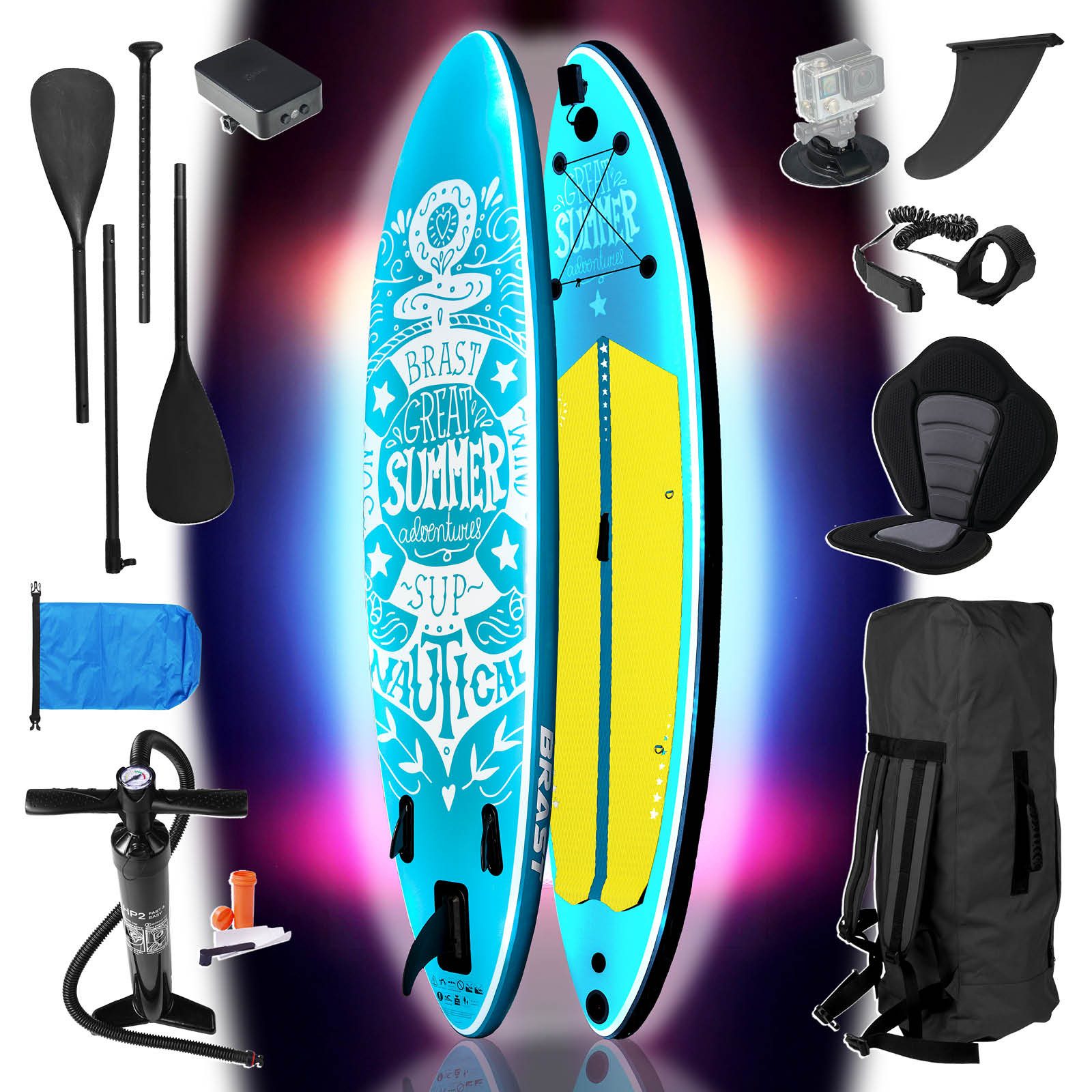BRAST SUP-Board mit LEDs Aufblasbares Stand up Paddling Set - 320x81x15cm, 5 Jahre Garantie inkl. Sonderzubehör, (2in1 Paddel Kajak-Sitz Action-Cam-Halterung, Beleuchtung mit 10 Farben), Fußschlaufe Paddel Pumpe Rucksack