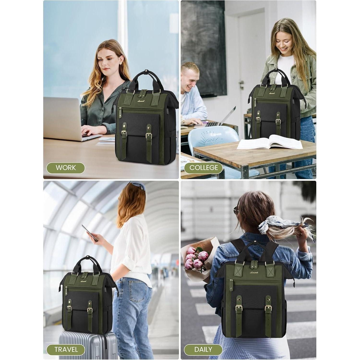 LuxusKollektion Laptoprucksack Rucksack Damen Laptop 15,6 Zoll 15,6 Zoll Armeegrün + Dunkelgrün